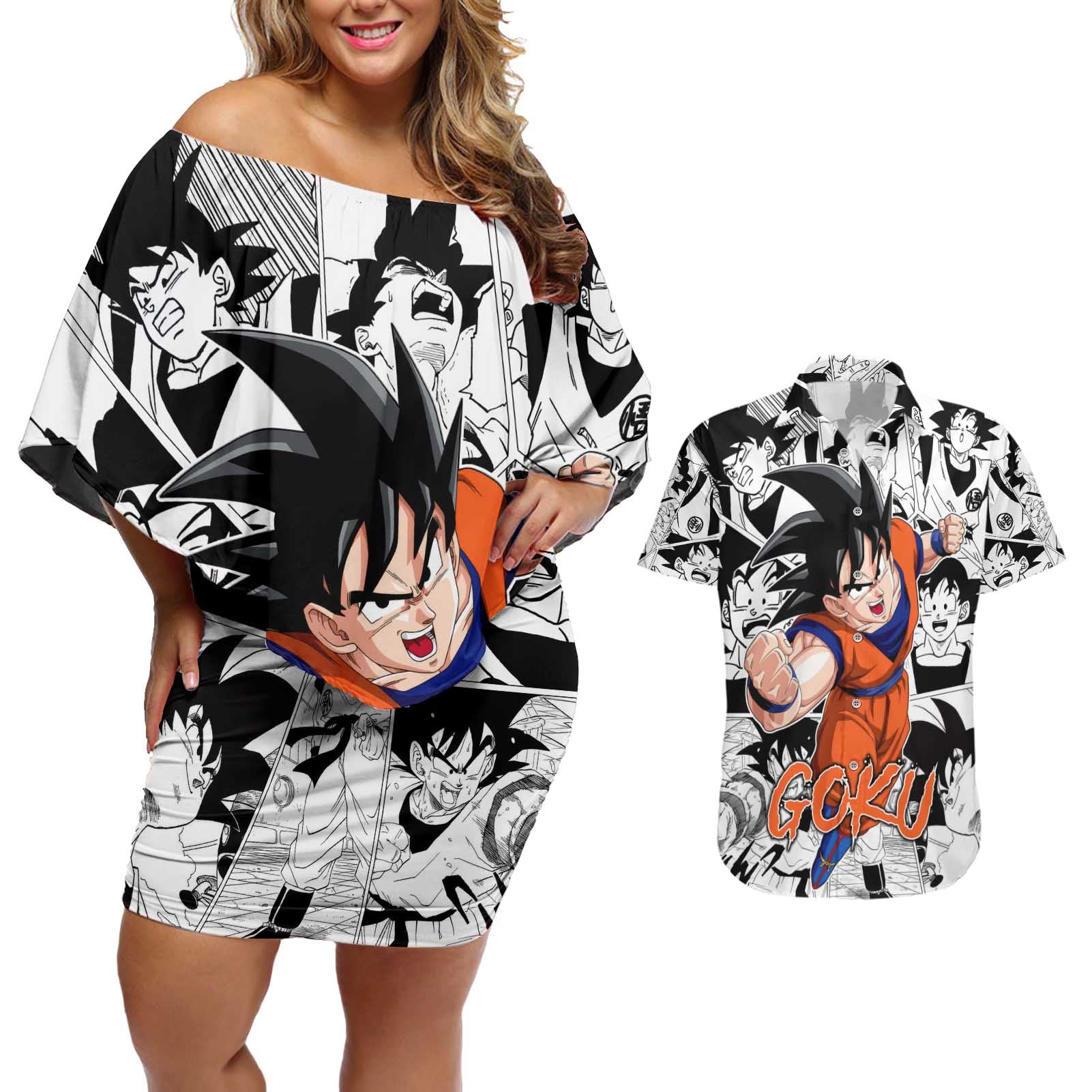 Goku - Dragon Ball Couples Matching Off Shoulder Short Dress and Hawaiian Shirt Anime Style