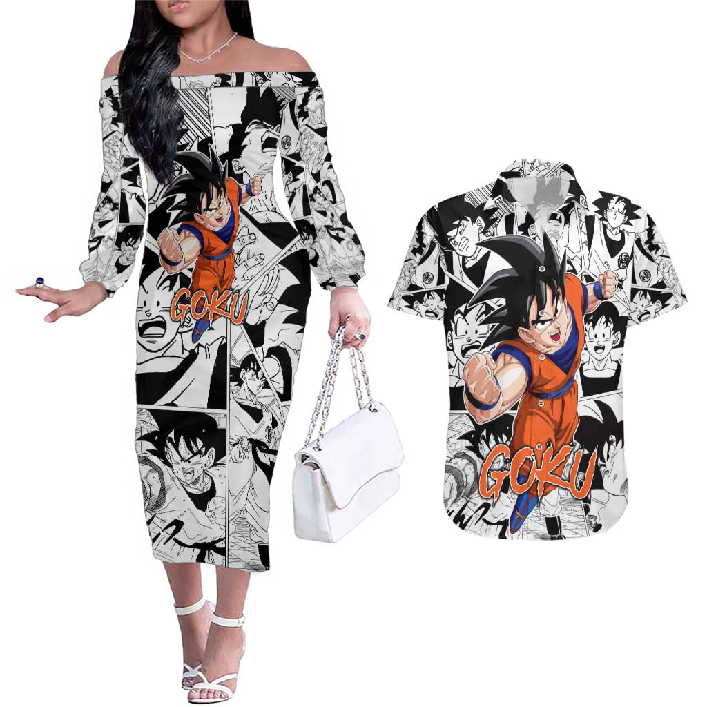 Goku - Dragon Ball Couples Matching Off The Shoulder Long Sleeve Dress and Hawaiian Shirt Anime Style