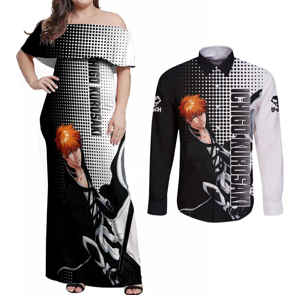 Ichigo - Bleach Couples Matching Off Shoulder Maxi Dress and Long Sleeve Button Shirt Anime Mix Manga Style