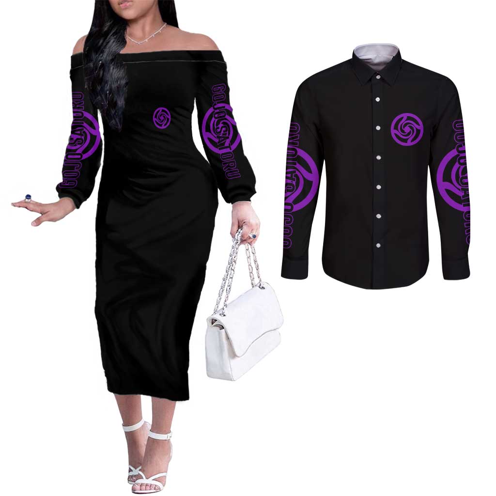 Gojo Satoru Sensei - Jujutsu Kaisen Couples Matching Off The Shoulder Long Sleeve Dress and Long Sleeve Button Shirt Anime Japan Art Style