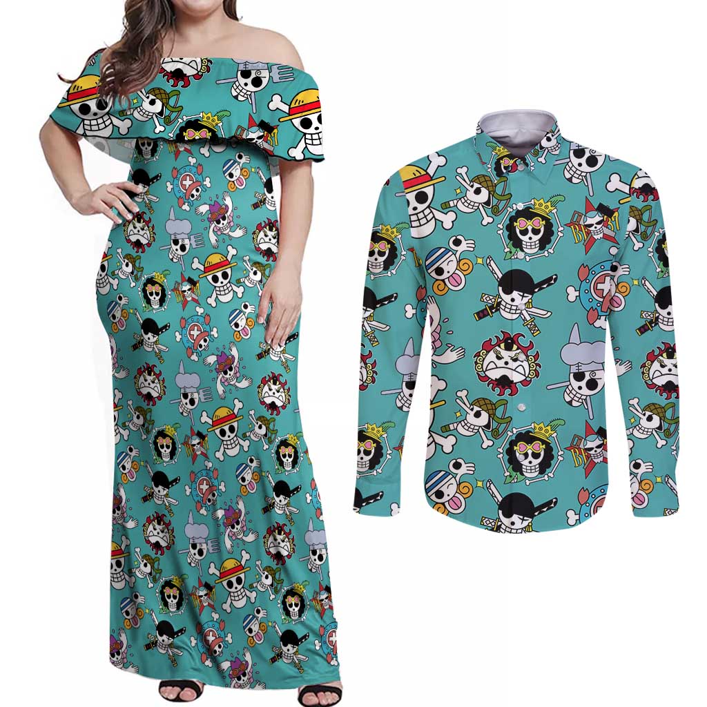 Strawhats Jolly Roger One Piece Couples Matching Off Shoulder Maxi Dress and Long Sleeve Button Shirt Anime Pattern Style