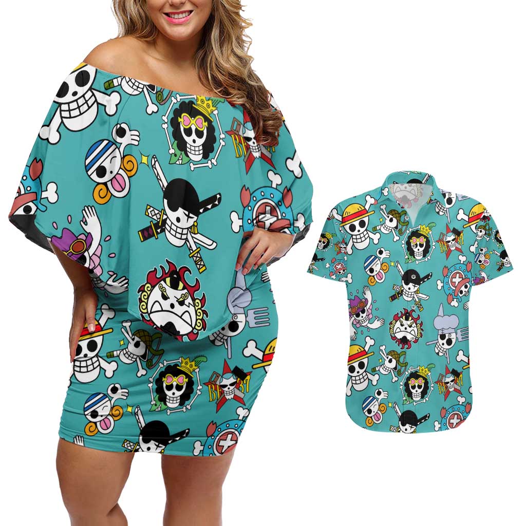 Strawhats Jolly Roger One Piece Couples Matching Off Shoulder Short Dress and Hawaiian Shirt Anime Pattern Style