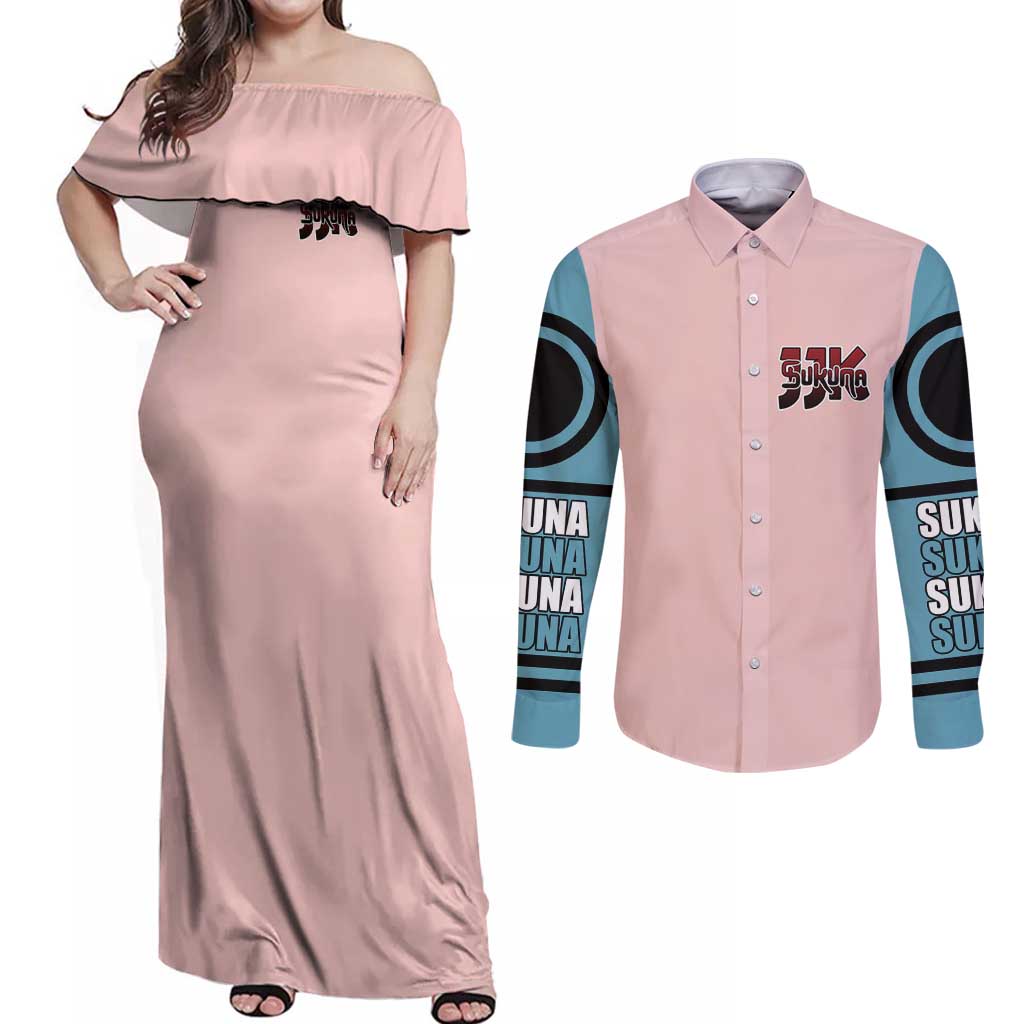 Ryomen Sukuna - Jujutsu Kaisen Couples Matching Off Shoulder Maxi Dress and Long Sleeve Button Shirt Anime Style