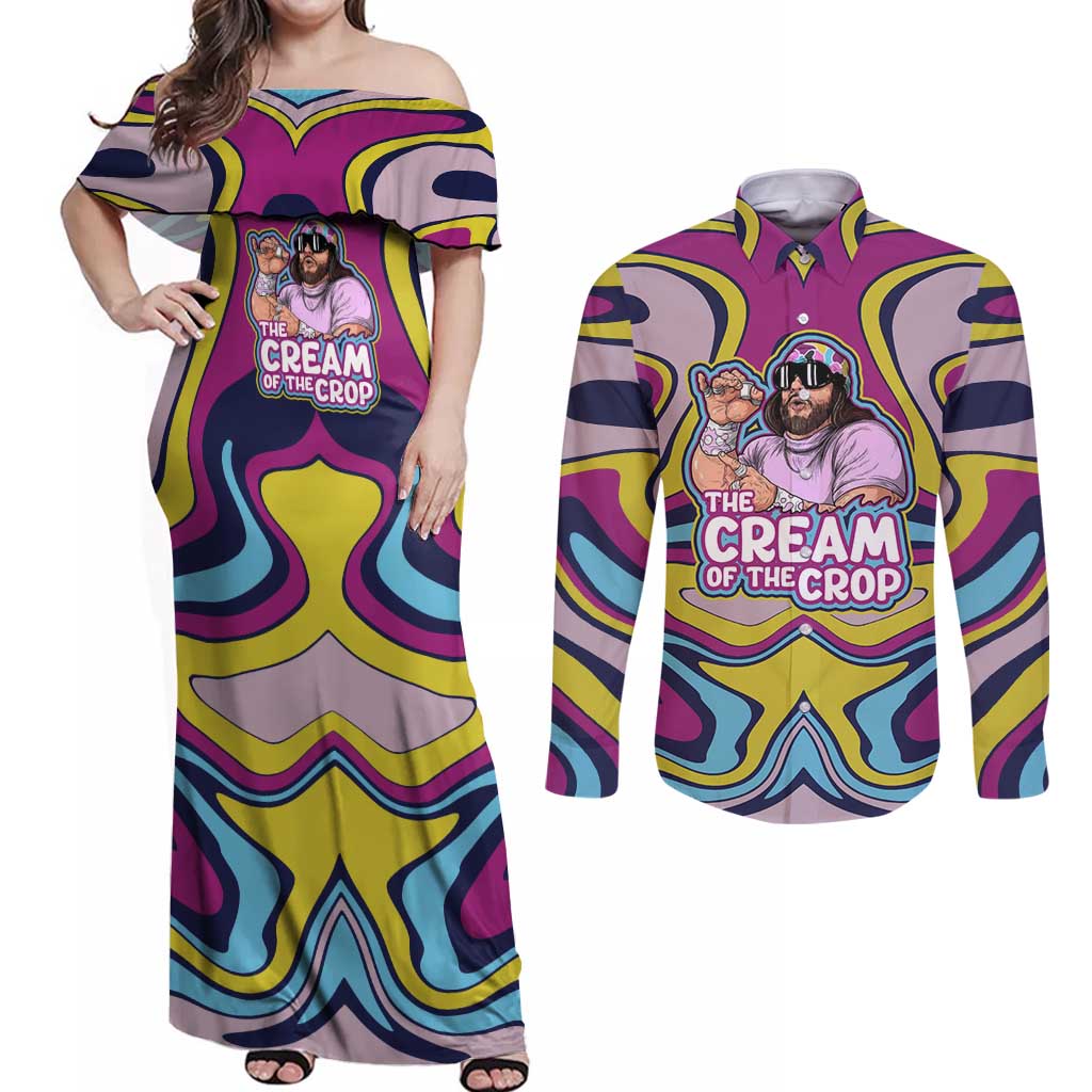 The Cream of the Crop Trippy Randy Savage Pop Culture Couples Matching Off Shoulder Maxi Dress and Long Sleeve Button Shirt Anime Style