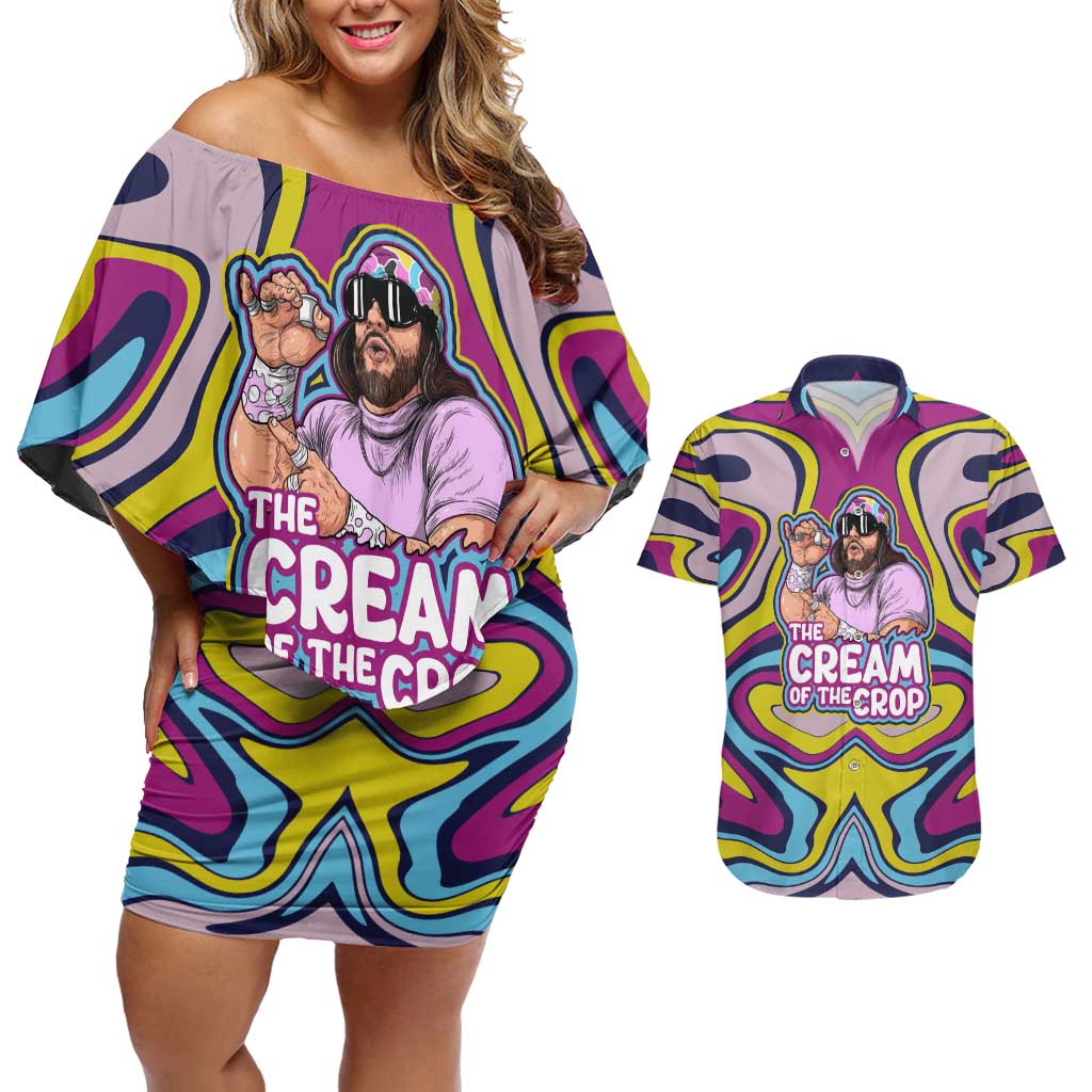 The Cream of the Crop Trippy Randy Savage Pop Culture Couples Matching Off Shoulder Short Dress and Hawaiian Shirt Anime Style