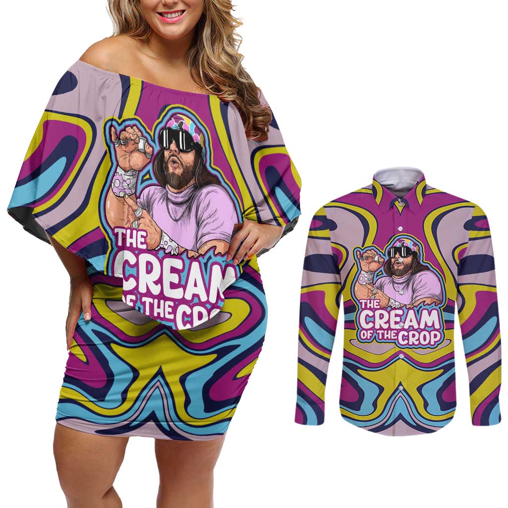 The Cream of the Crop Trippy Randy Savage Pop Culture Couples Matching Off Shoulder Short Dress and Long Sleeve Button Shirt Anime Style