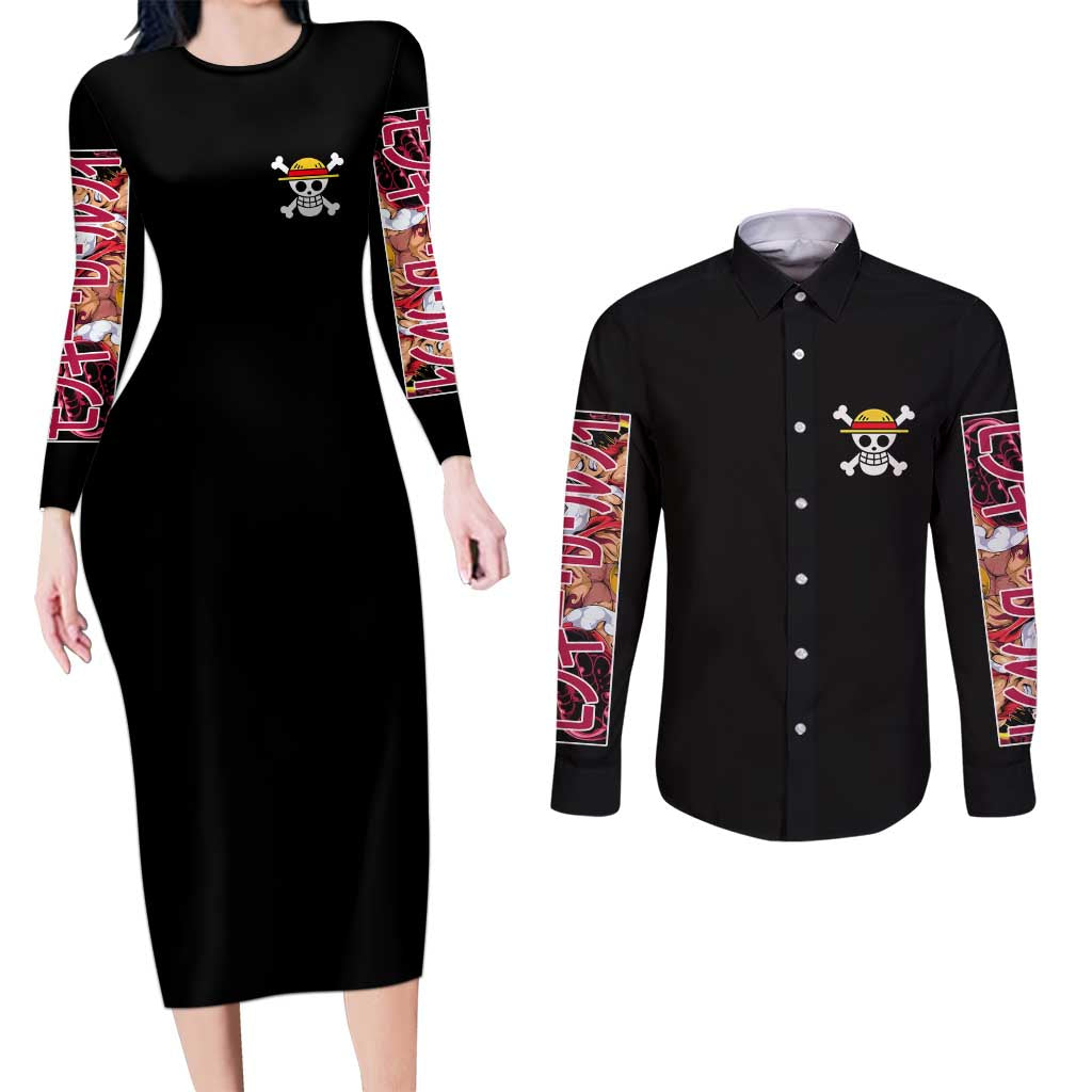 Monkey D. Luffy One Piece Couples Matching Long Sleeve Bodycon Dress and Long Sleeve Button Shirt Anime Style