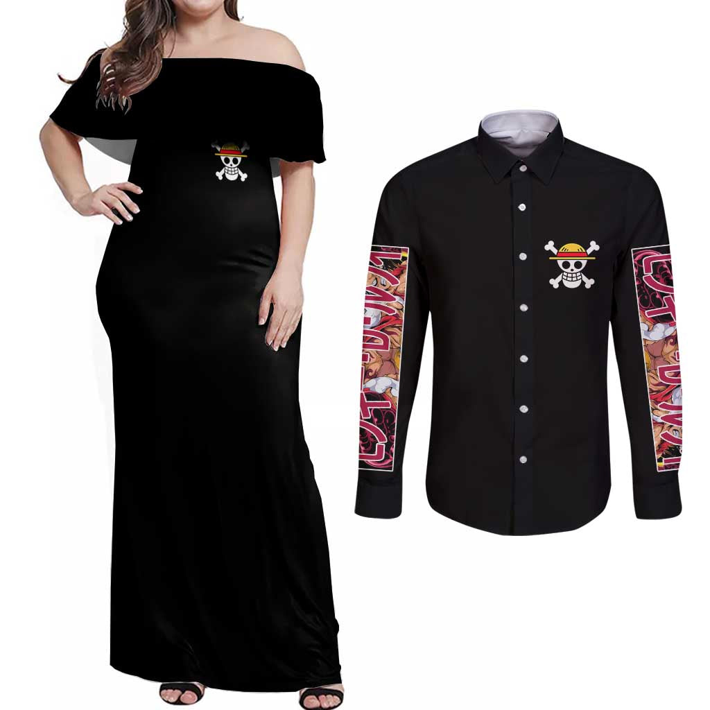 Monkey D. Luffy One Piece Couples Matching Off Shoulder Maxi Dress and Long Sleeve Button Shirt Anime Style