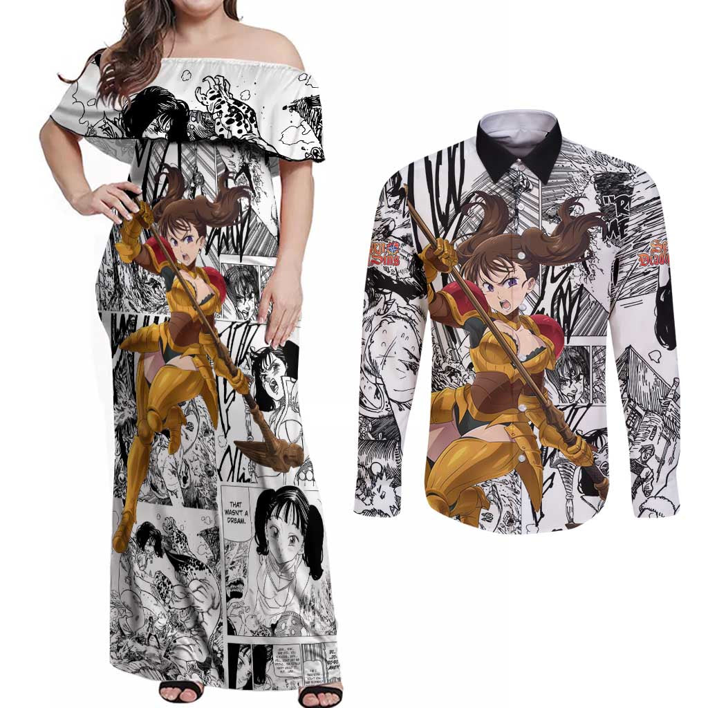 Diane - Nanatsu No Taizai Couples Matching Off Shoulder Maxi Dress and Long Sleeve Button Shirt Anime Mix Manga Style