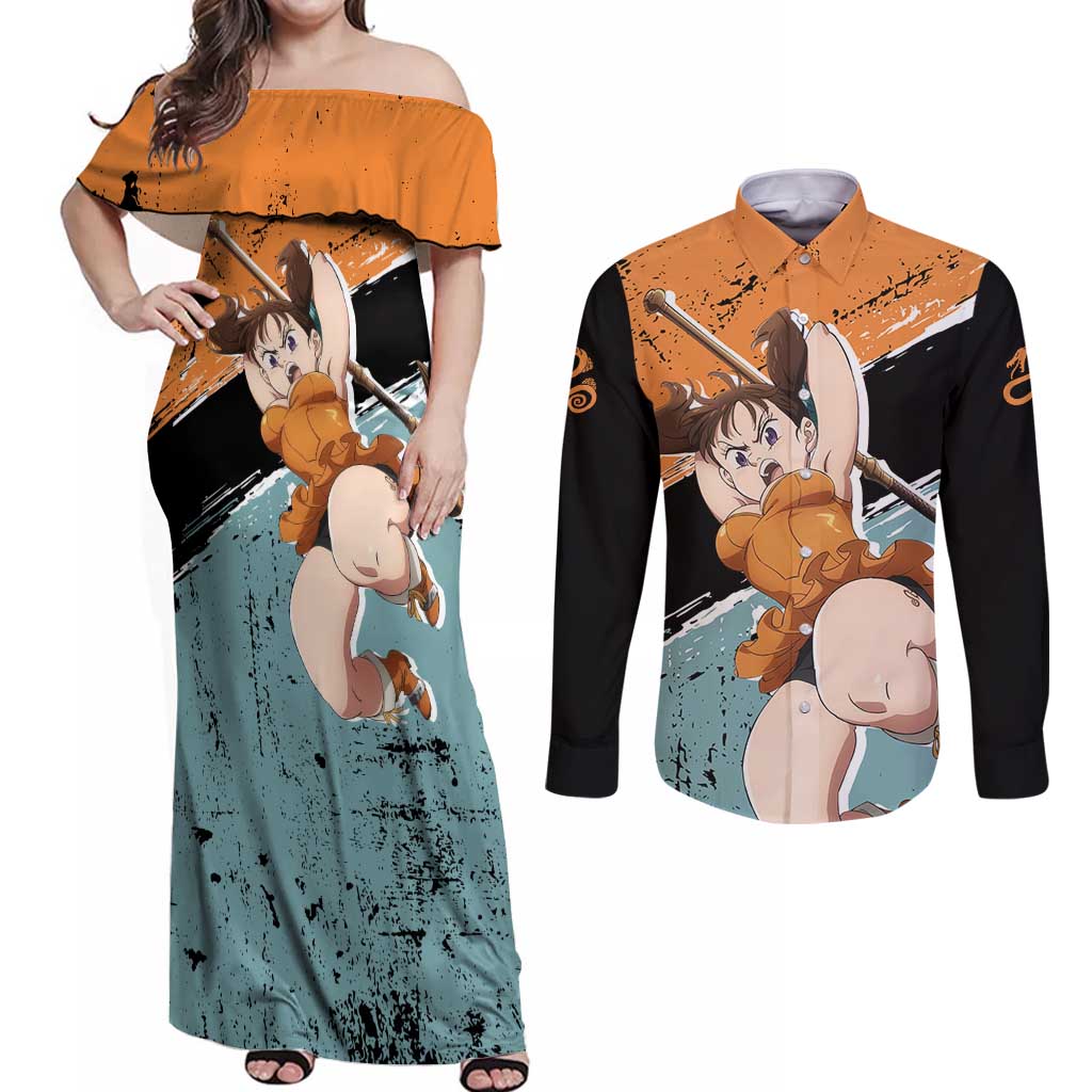 Diane - Nanatsu No Taizai Couples Matching Off Shoulder Maxi Dress and Long Sleeve Button Shirt Anime Style