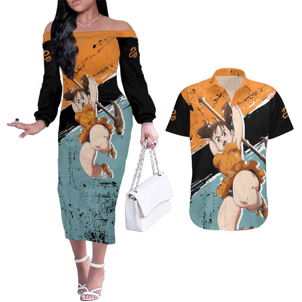 Diane - Nanatsu No Taizai Couples Matching Off The Shoulder Long Sleeve Dress and Hawaiian Shirt Anime Style