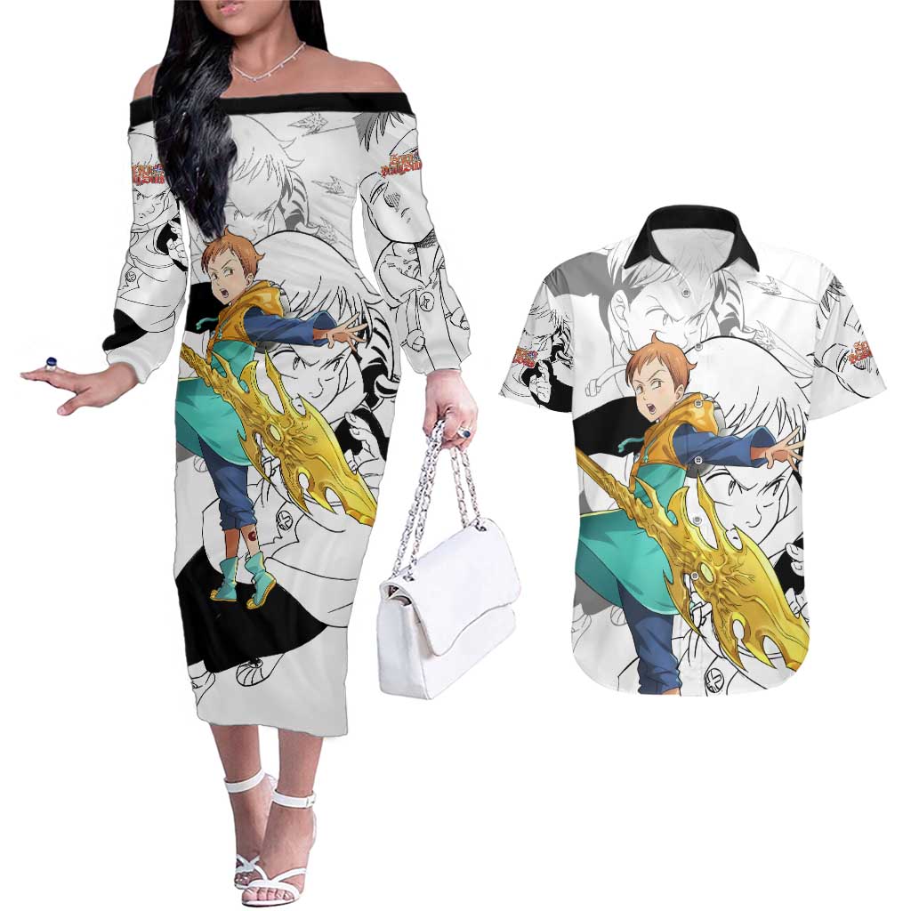 King - Nanatsu No Taizai Couples Matching Off The Shoulder Long Sleeve Dress and Hawaiian Shirt Anime Mix Manga Style