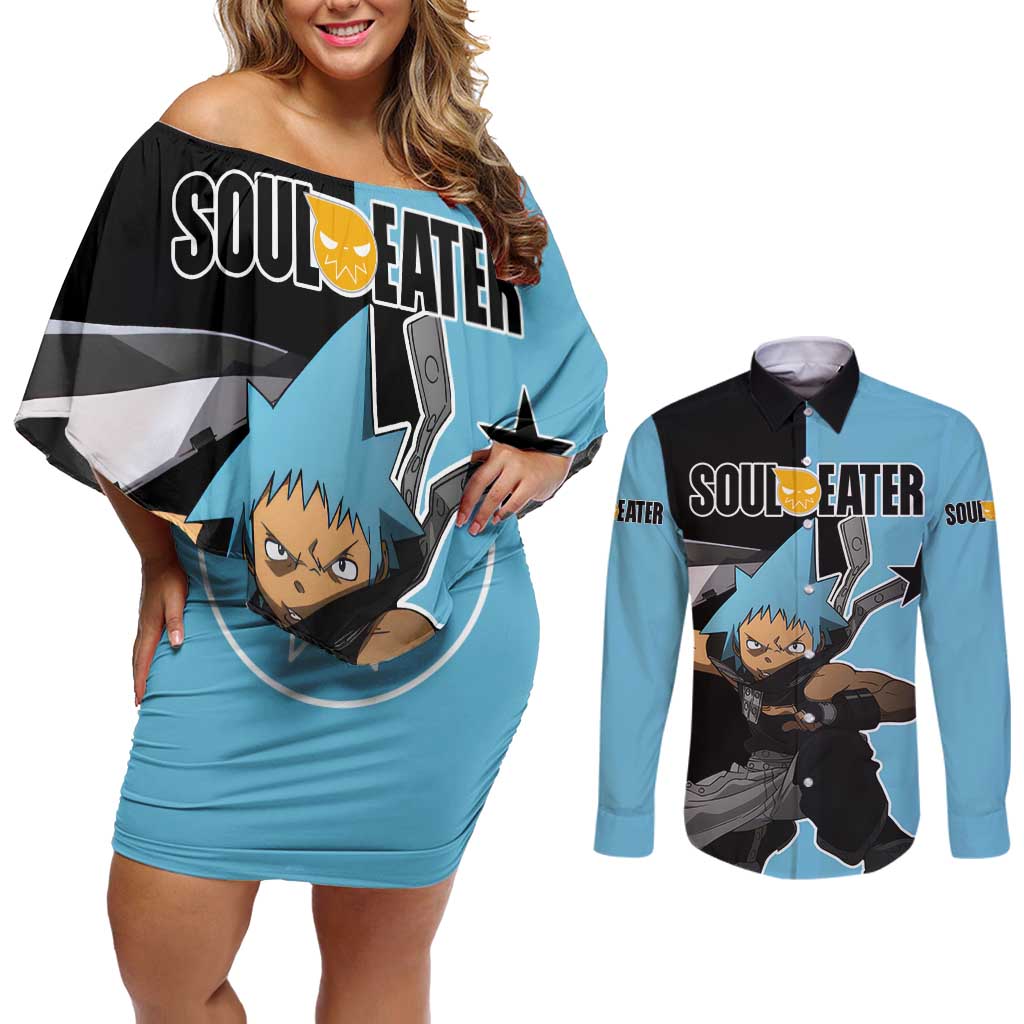 Black Star - Soul Eater Couples Matching Off Shoulder Short Dress and Long Sleeve Button Shirt Anime Style