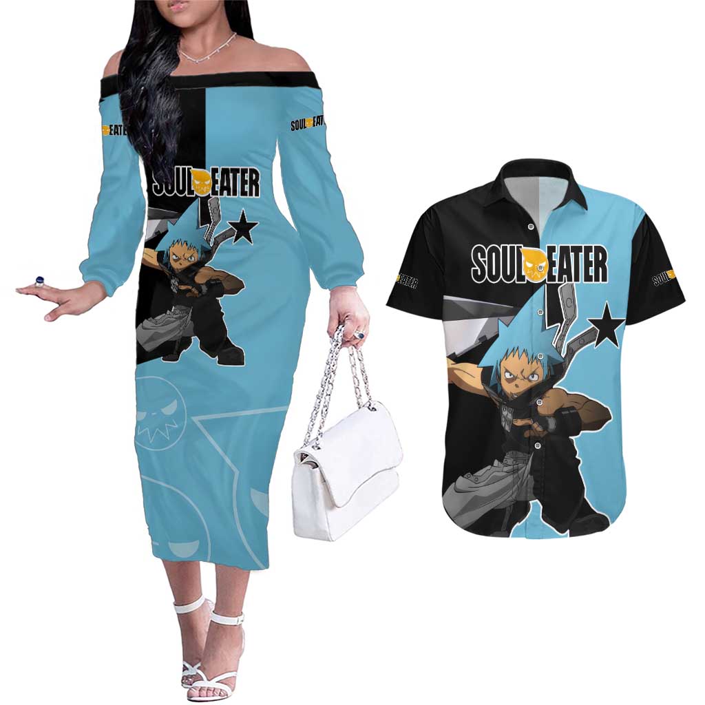 Black Star - Soul Eater Couples Matching Off The Shoulder Long Sleeve Dress and Hawaiian Shirt Anime Style