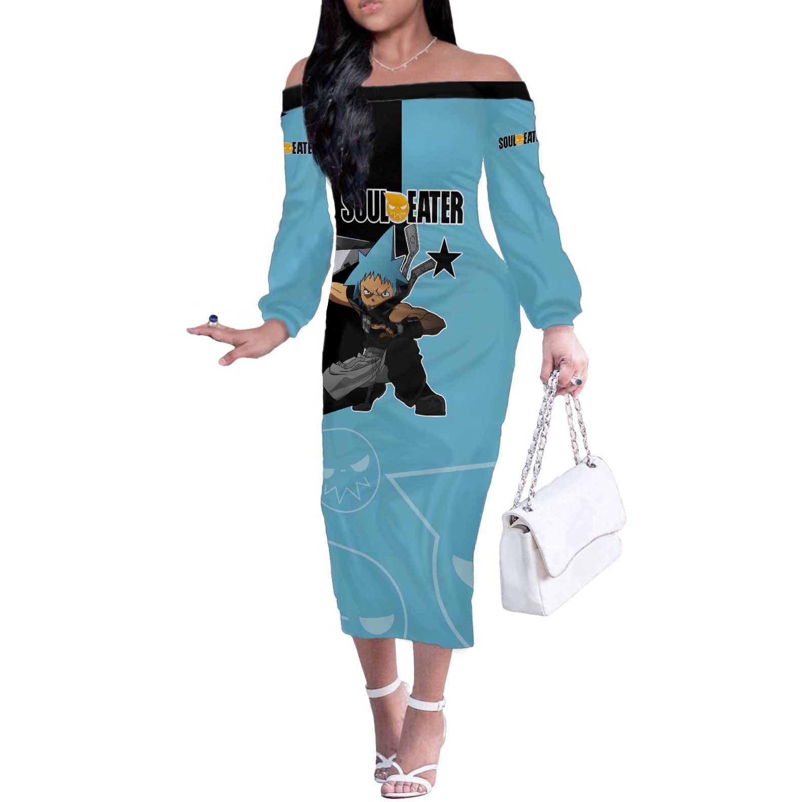 Black Star - Soul Eater Off The Shoulder Long Sleeve Dress Anime Style