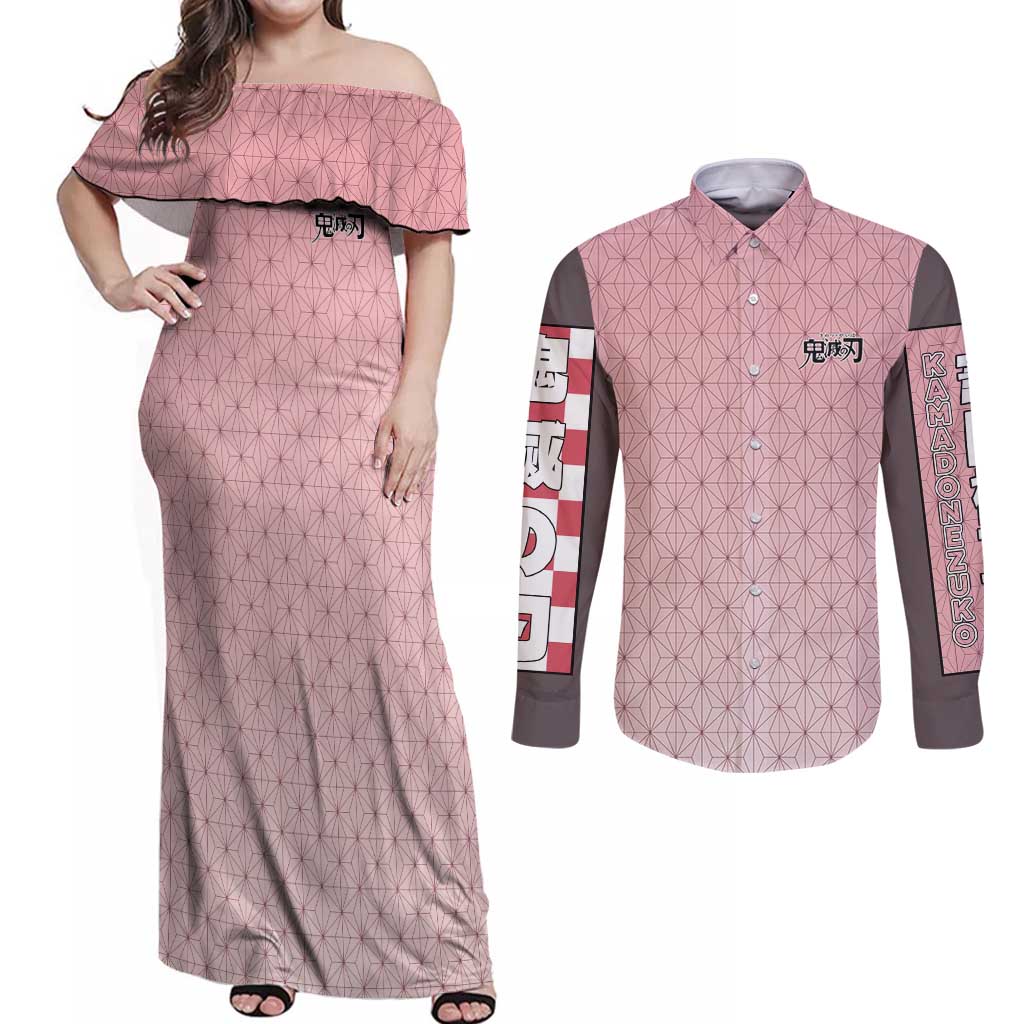 Kamado Nezuko Haori Demon Slayer Couples Matching Off Shoulder Maxi Dress and Long Sleeve Button Shirt Anime Style