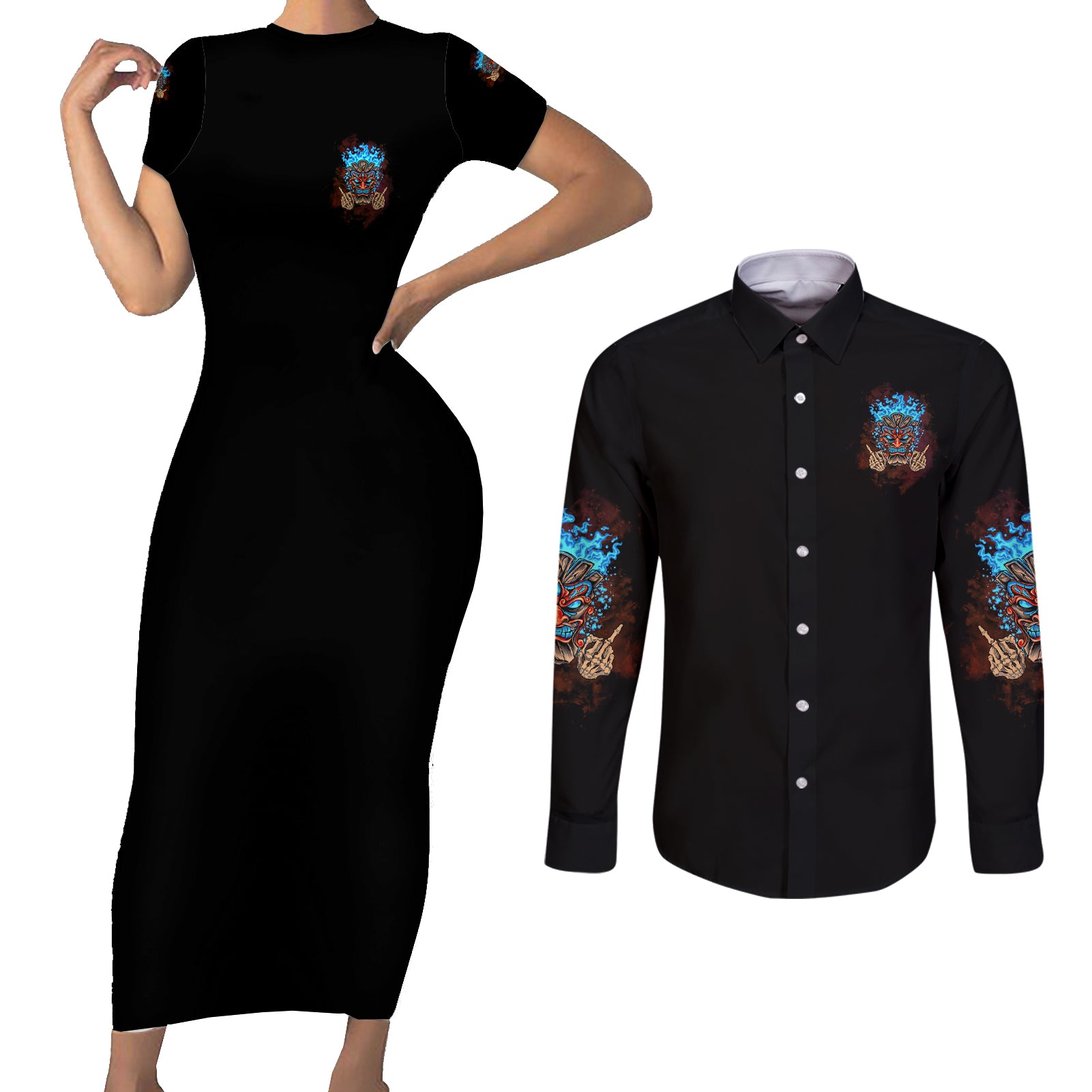 my-give-a-f-tiki-skull-couples-matching-short-sleeve-bodycon-dress-and-long-sleeve-button-shirt