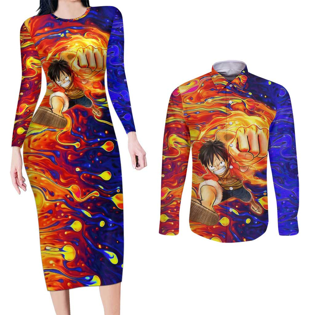 One Piece Trippy Luffy Couples Matching Long Sleeve Bodycon Dress and Long Sleeve Button Shirt Anime Mid Trippy Style