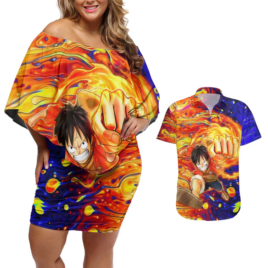 One Piece Trippy Luffy Couples Matching Off Shoulder Short Dress and Hawaiian Shirt Anime Mid Trippy Style