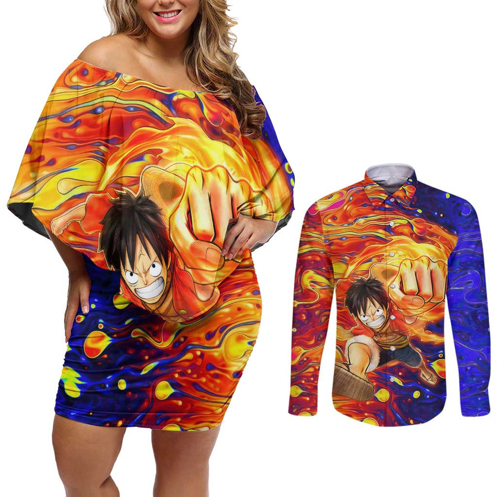 One Piece Trippy Luffy Couples Matching Off Shoulder Short Dress and Long Sleeve Button Shirt Anime Mid Trippy Style