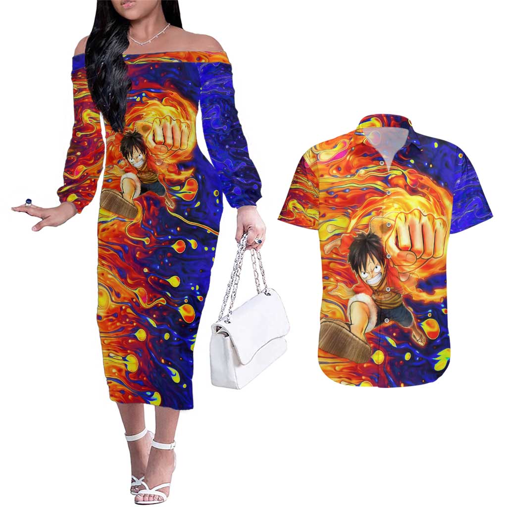 One Piece Trippy Luffy Couples Matching Off The Shoulder Long Sleeve Dress and Hawaiian Shirt Anime Mid Trippy Style