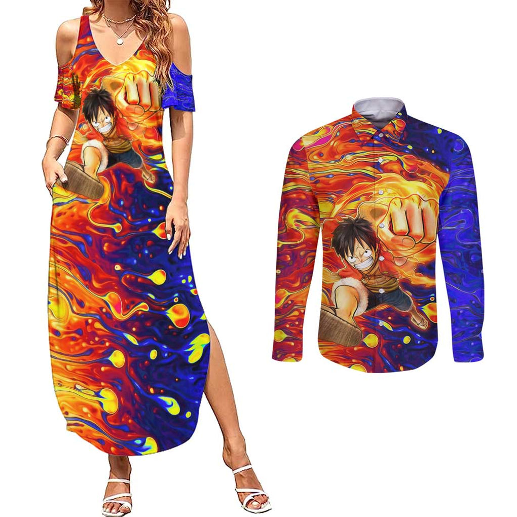 One Piece Trippy Luffy Couples Matching Summer Maxi Dress and Long Sleeve Button Shirt Anime Mid Trippy Style