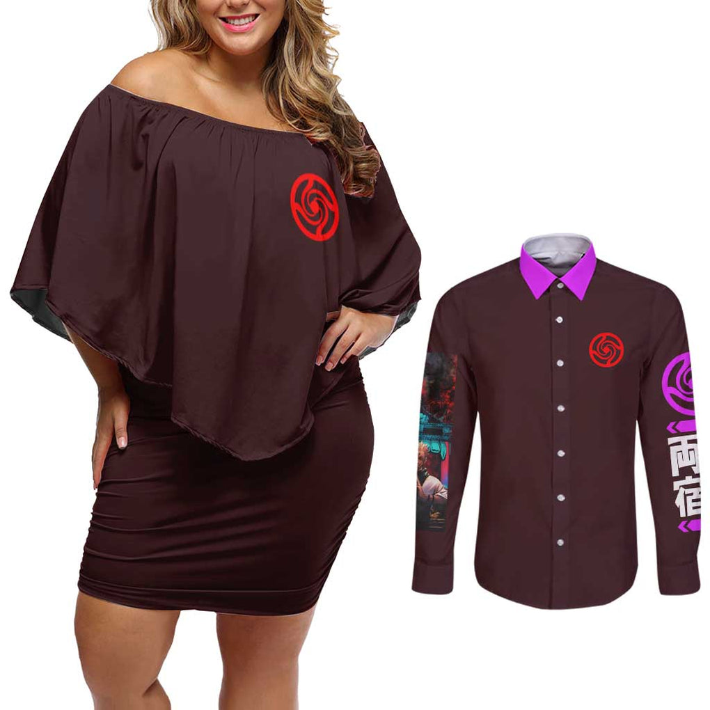 Ryomen Sukuna V2 Jujutsu Kaisen Couples Matching Off Shoulder Short Dress and Long Sleeve Button Shirt Anime Style