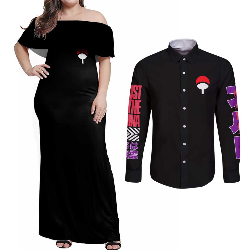 Uchiha Madara Naruto Couples Matching Off Shoulder Maxi Dress and Long Sleeve Button Shirt Anime Style