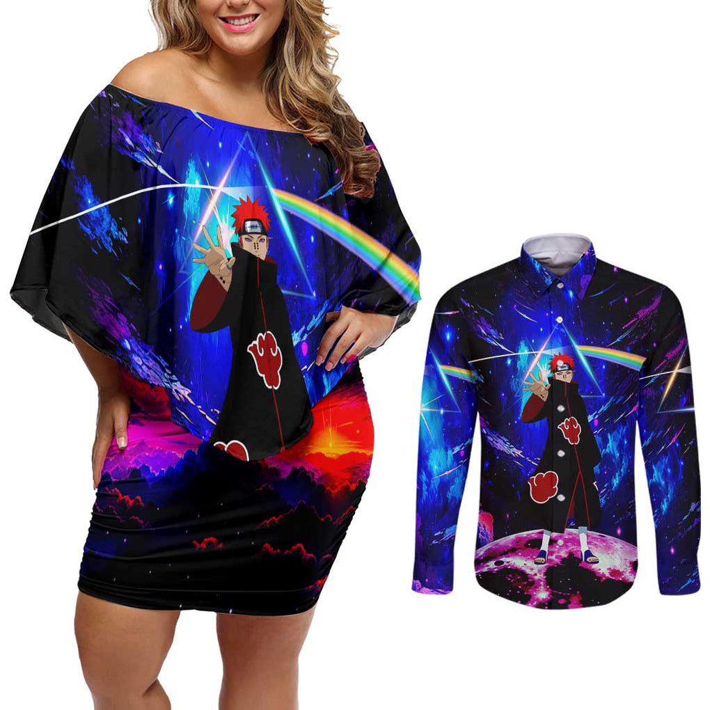 Naruto Akatsuki Astral Led Pain Couples Matching Off Shoulder Short Dress and Long Sleeve Button Shirt Trippy Style