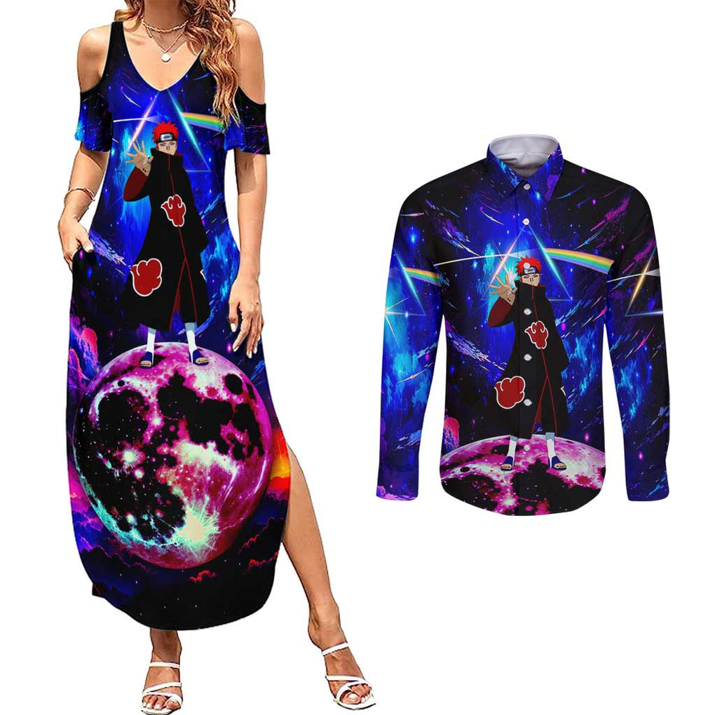 Naruto Akatsuki Astral Led Pain Couples Matching Summer Maxi Dress and Long Sleeve Button Shirt Trippy Style