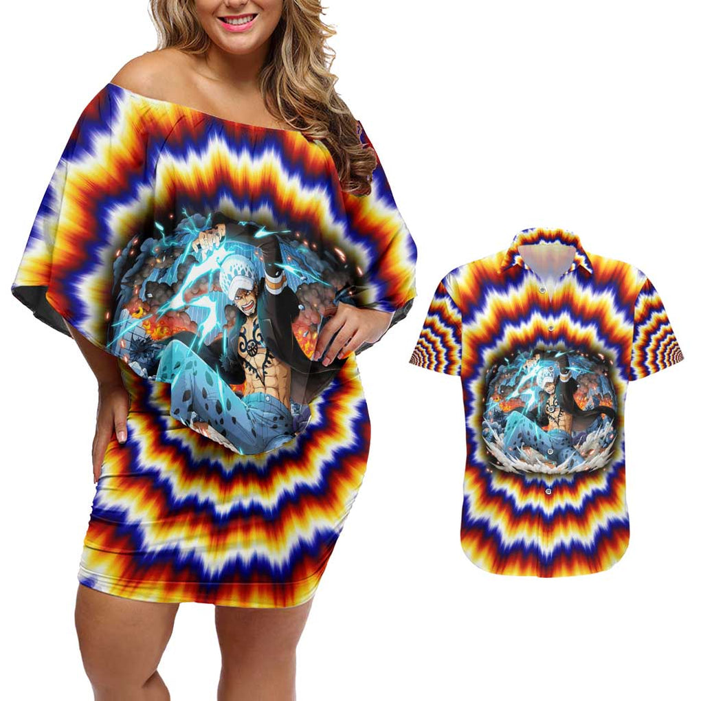 One Piece Fractal Explosion Trafalgar Law Couples Matching Off Shoulder Short Dress and Hawaiian Shirt Fractal Explosion Style