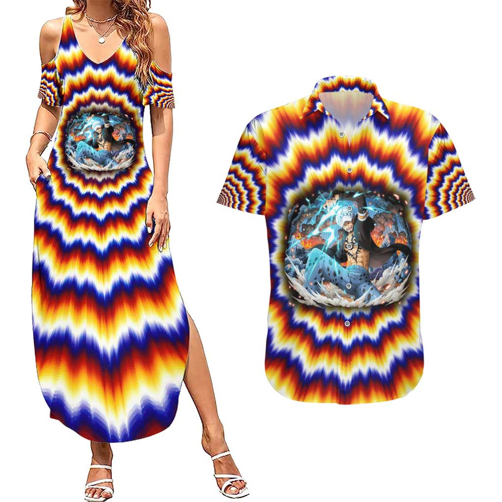 One Piece Fractal Explosion Trafalgar Law Couples Matching Summer Maxi Dress and Hawaiian Shirt Fractal Explosion Style