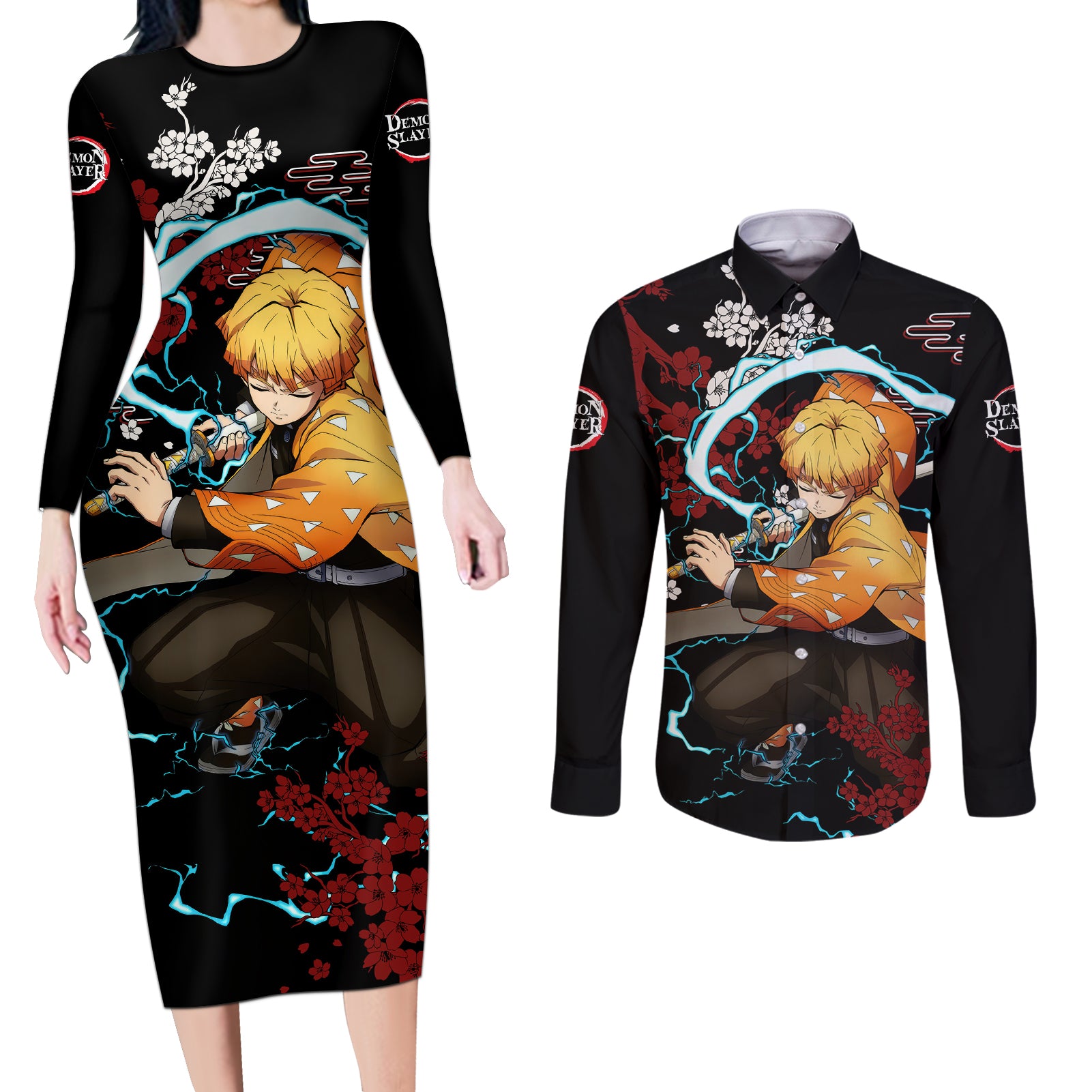 Zenitsu - Anime Japan Style Couples Matching Long Sleeve Bodycon Dress and Long Sleeve Button Shirt