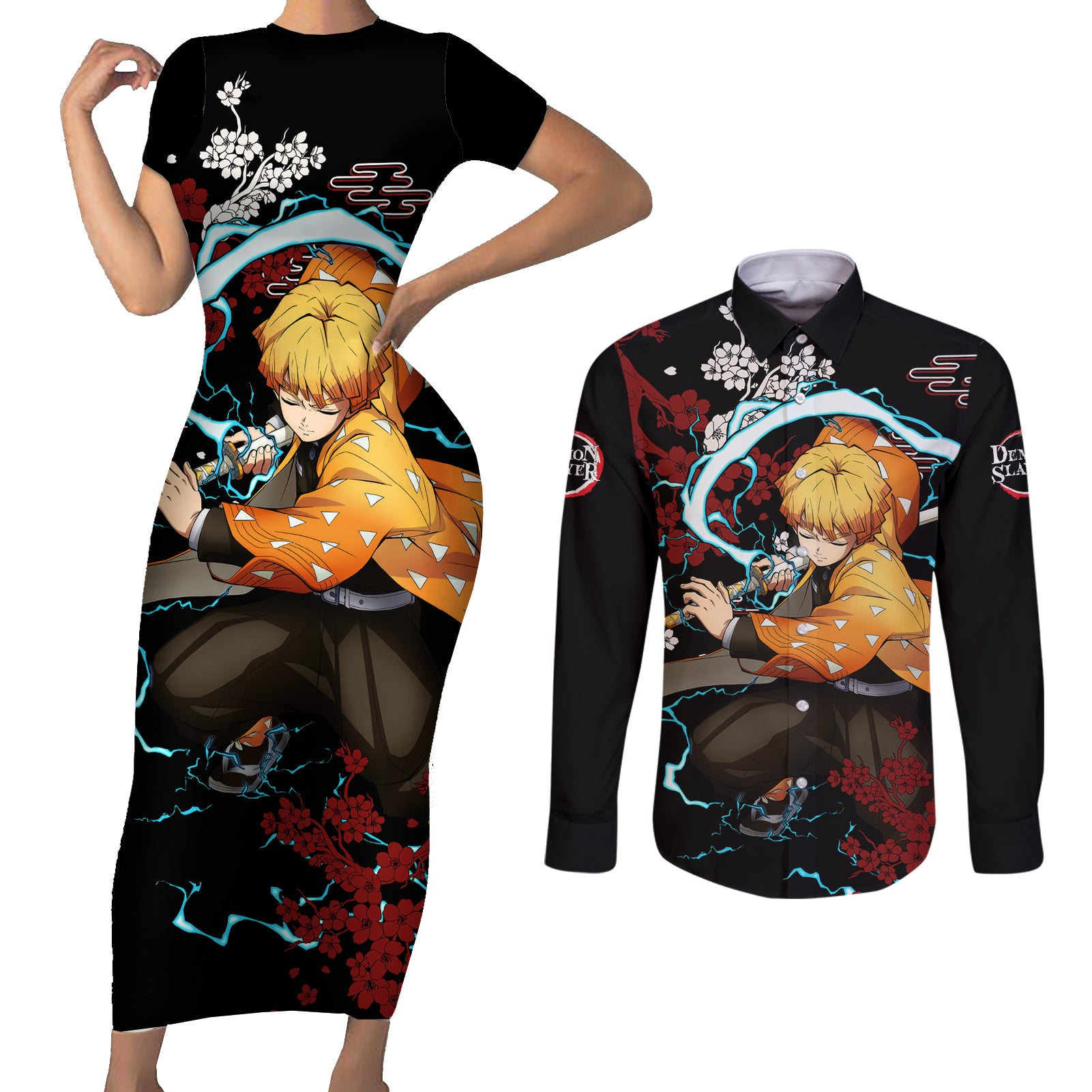 Zenitsu - Anime Japan Style Couples Matching Short Sleeve Bodycon Dress and Long Sleeve Button Shirt