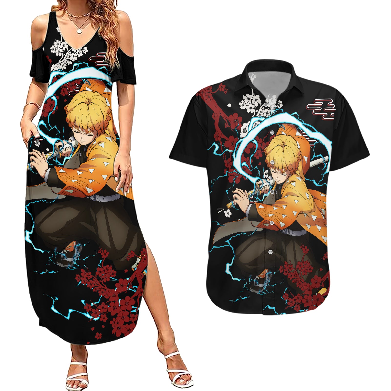 Zenitsu - Anime Japan Style Couples Matching Summer Maxi Dress and Hawaiian Shirt