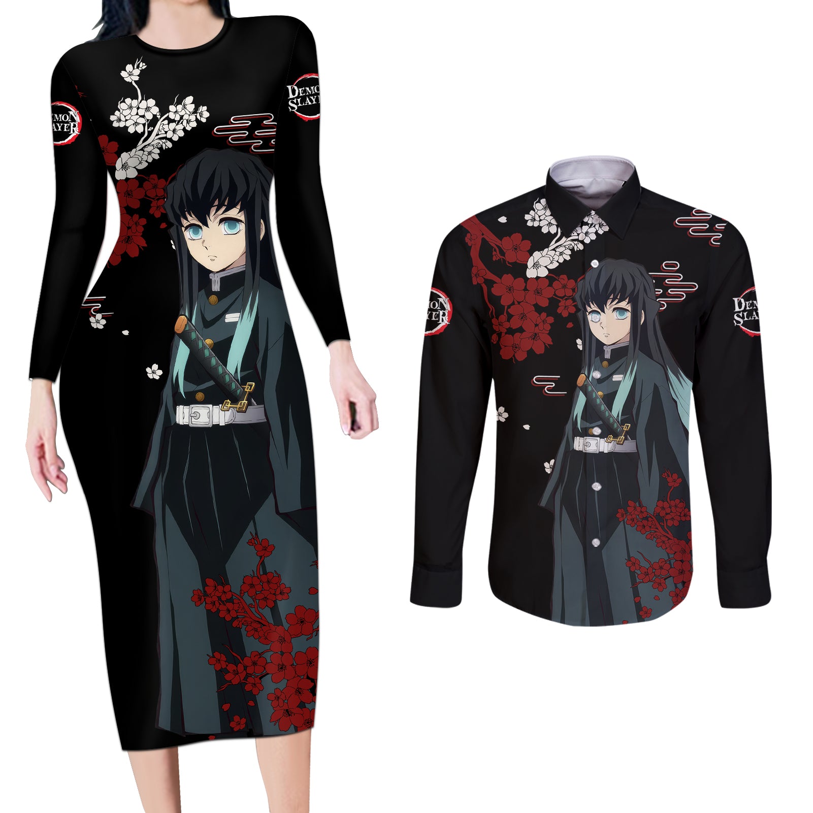 Muichiro Tokito - Japan Style Couples Matching Long Sleeve Bodycon Dress and Long Sleeve Button Shirt