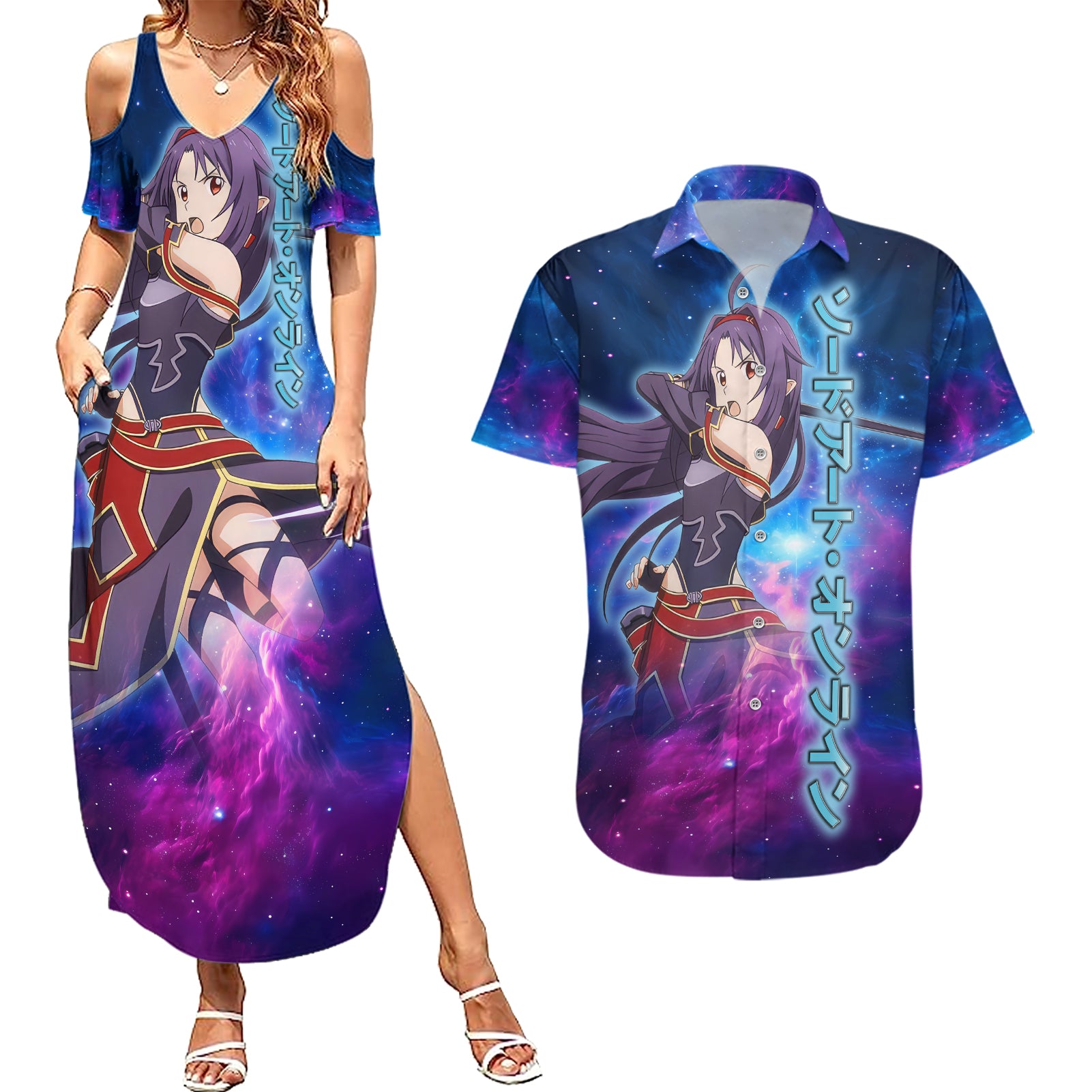 Yuuki Couples Matching Summer Maxi Dress and Hawaiian Shirt Sword Art Galaxy Style