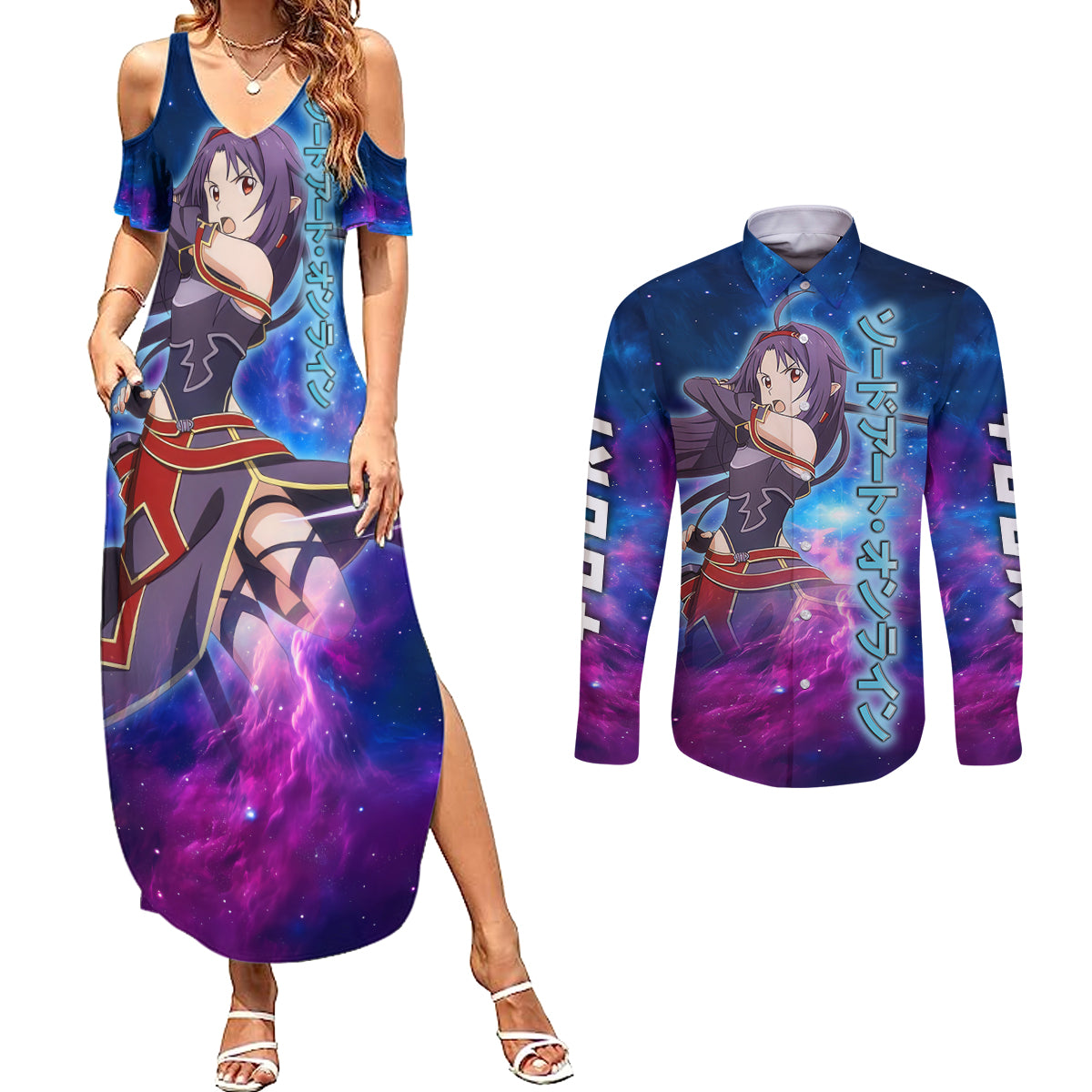 Yuuki Couples Matching Summer Maxi Dress and Long Sleeve Button Shirt Sword Art Galaxy Style