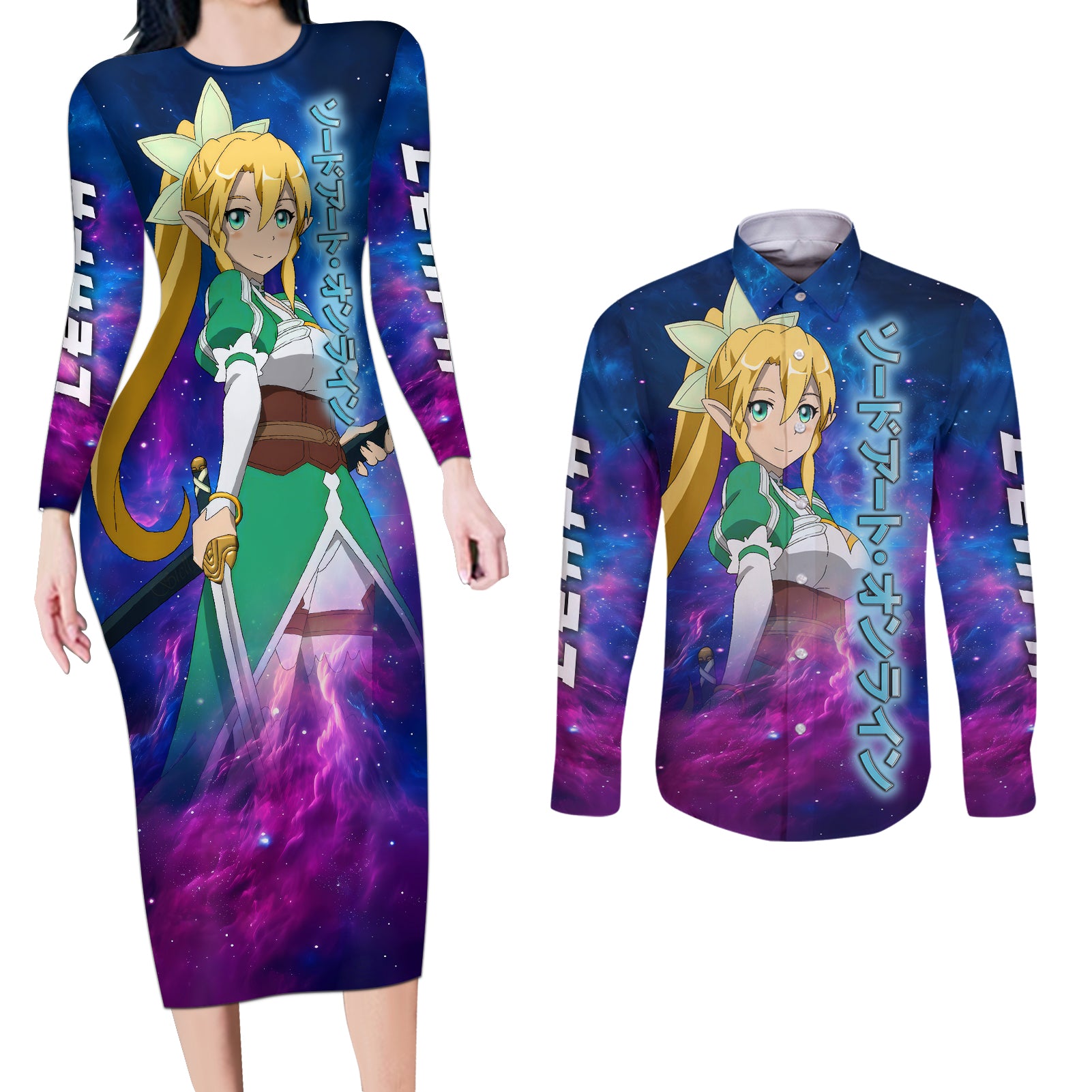 Leafa Couples Matching Long Sleeve Bodycon Dress and Long Sleeve Button Shirt Sword Art Galaxy Style