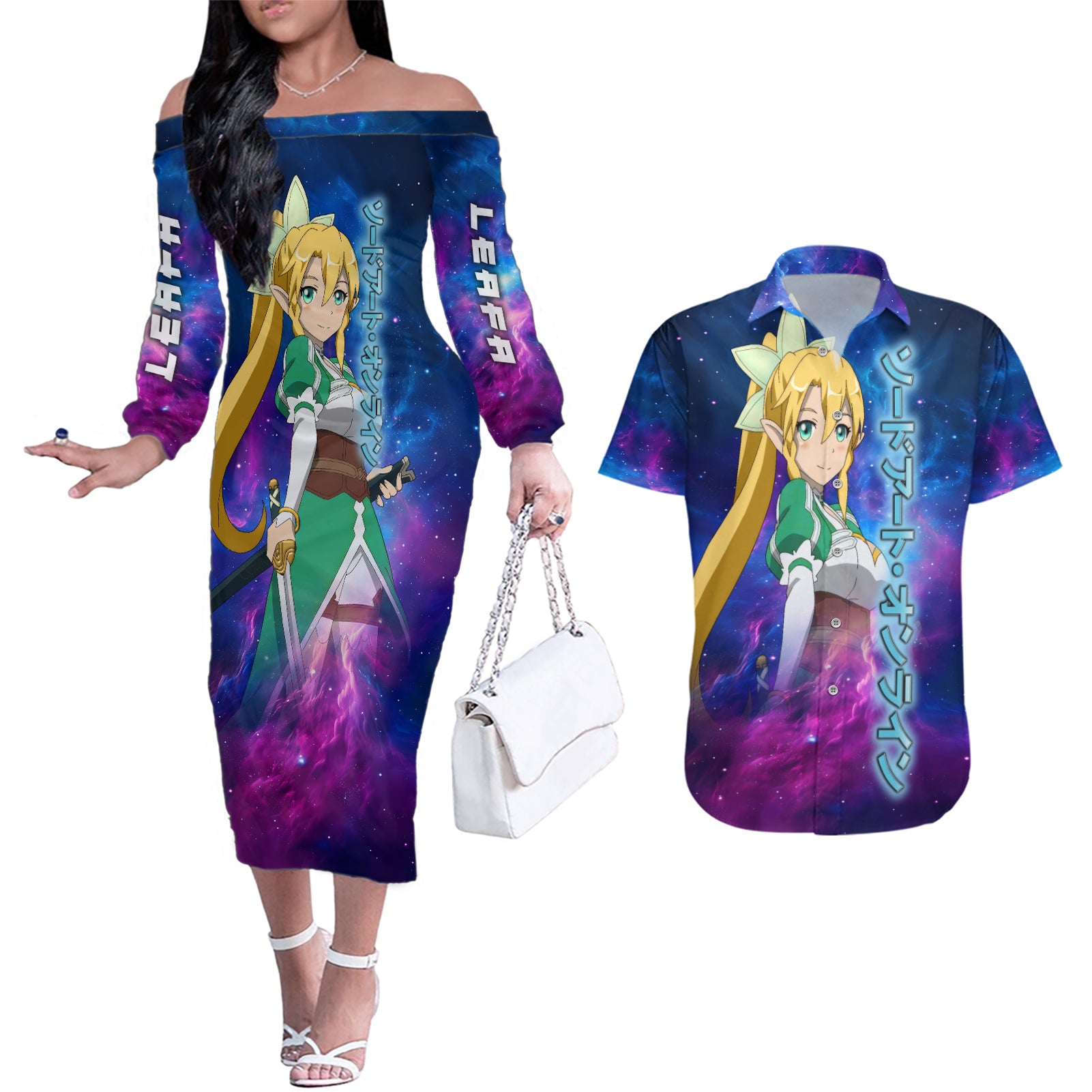 Leafa Couples Matching Off The Shoulder Long Sleeve Dress and Hawaiian Shirt Sword Art Galaxy Style