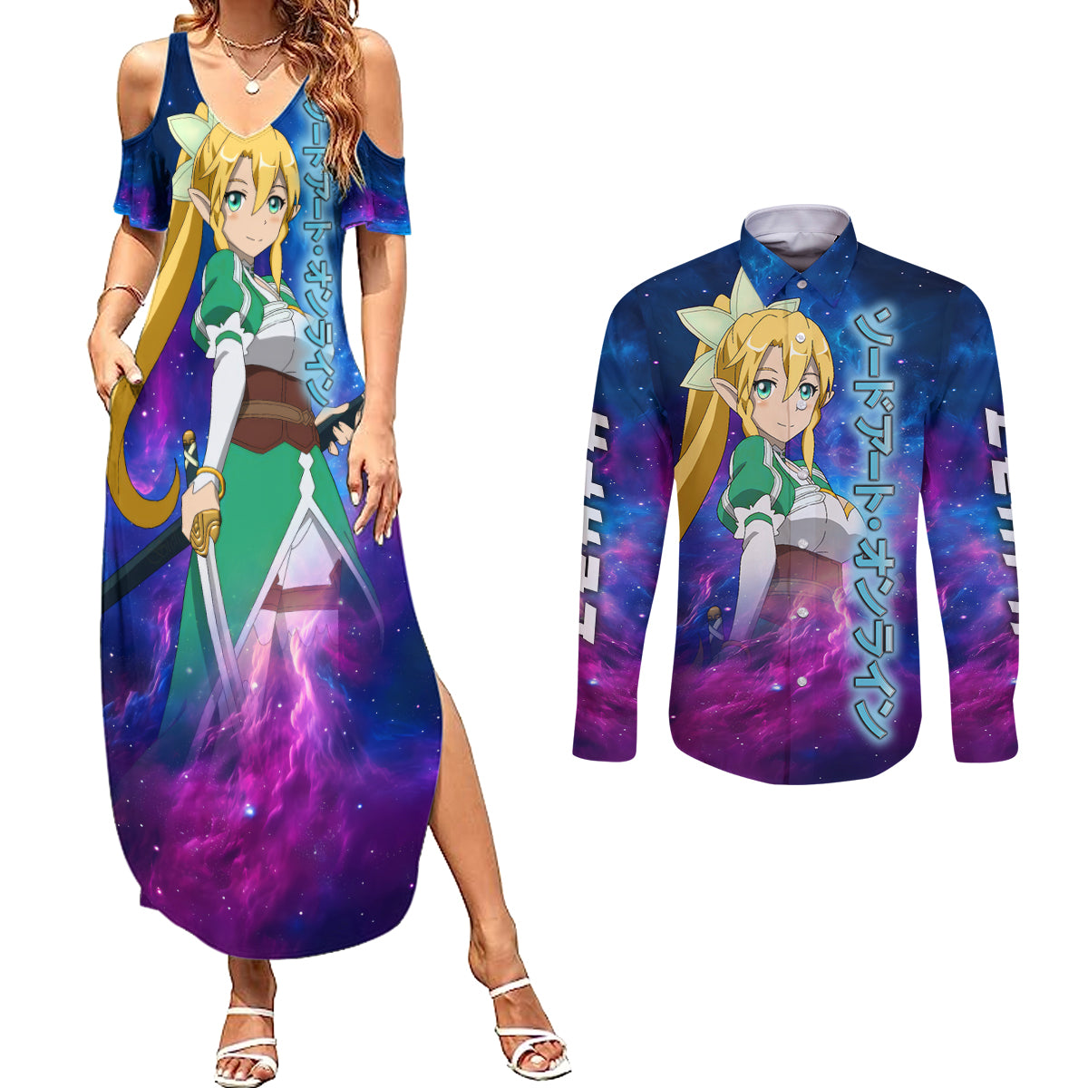 Leafa Couples Matching Summer Maxi Dress and Long Sleeve Button Shirt Sword Art Galaxy Style