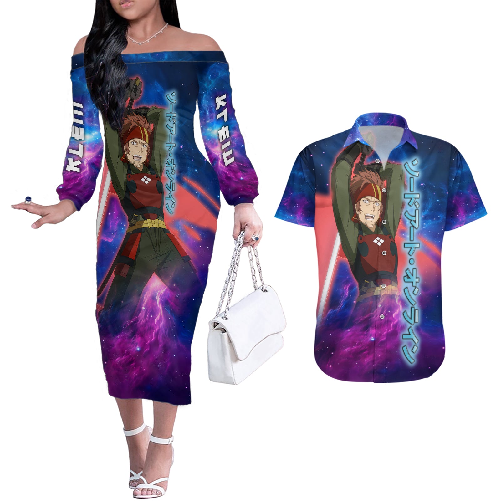 Klein Couples Matching Off The Shoulder Long Sleeve Dress and Hawaiian Shirt Sword Art Galaxy Style