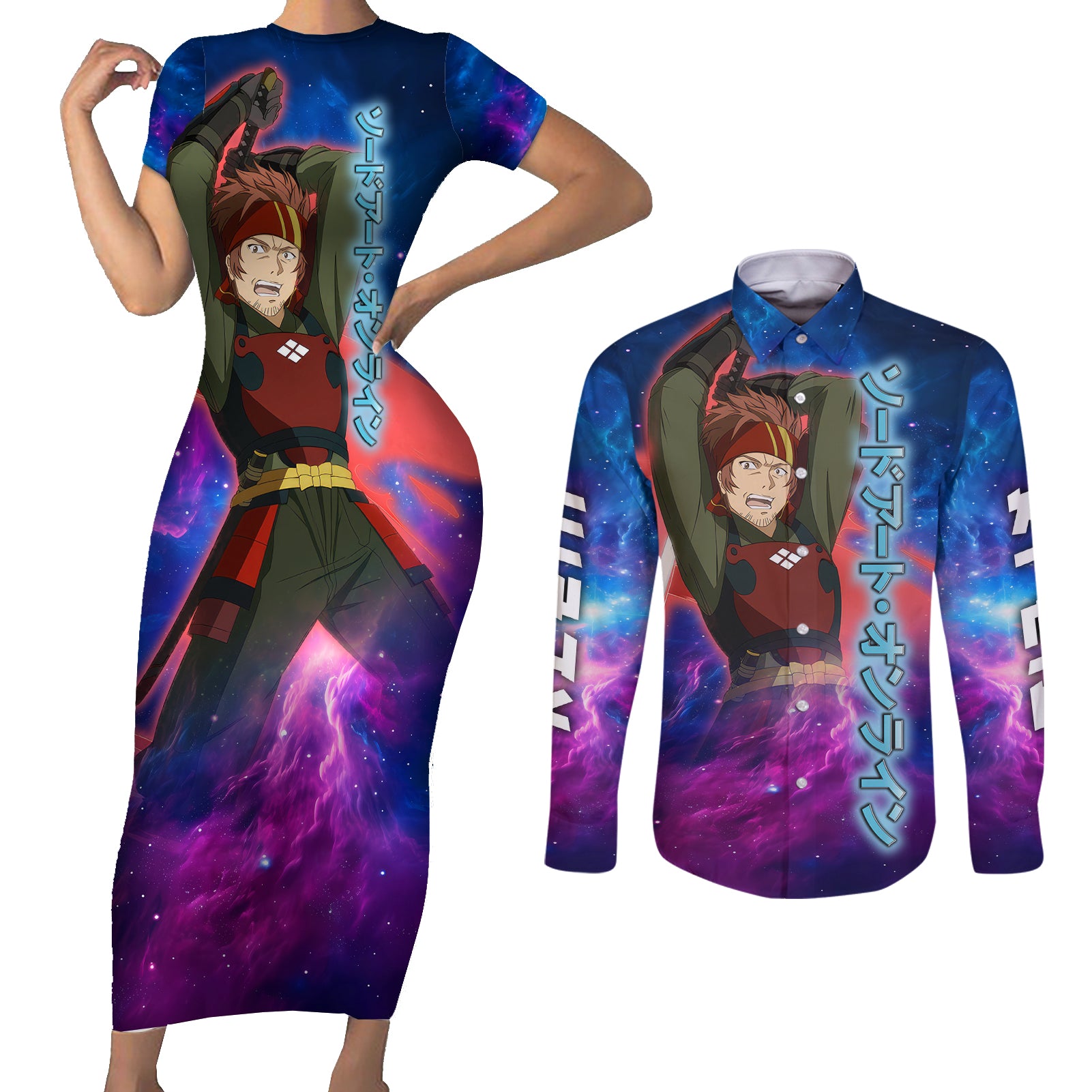 Klein Couples Matching Short Sleeve Bodycon Dress and Long Sleeve Button Shirt Sword Art Galaxy Style