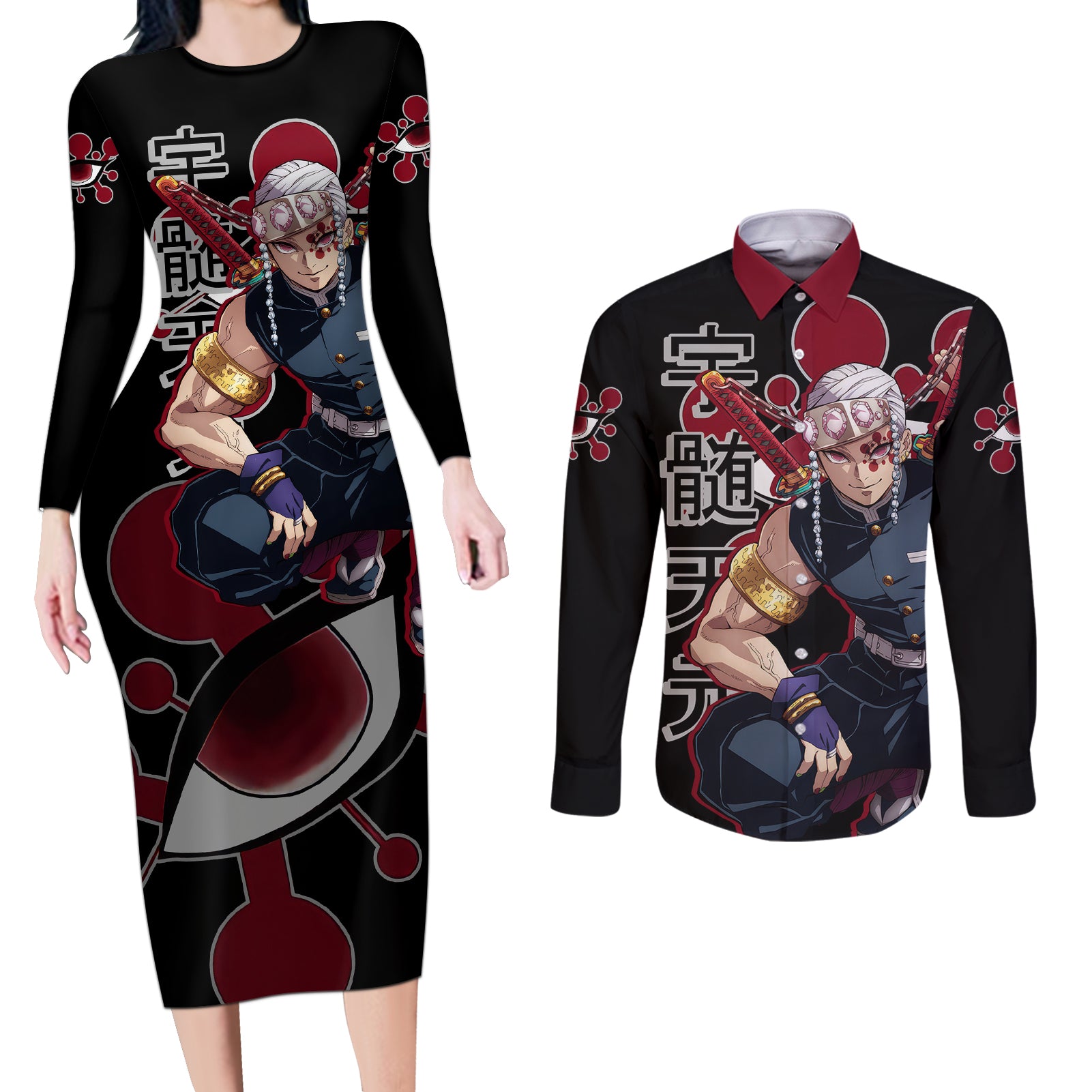 Tengen Uzui Couples Matching Long Sleeve Bodycon Dress and Long Sleeve Button Shirt Demon Slayer