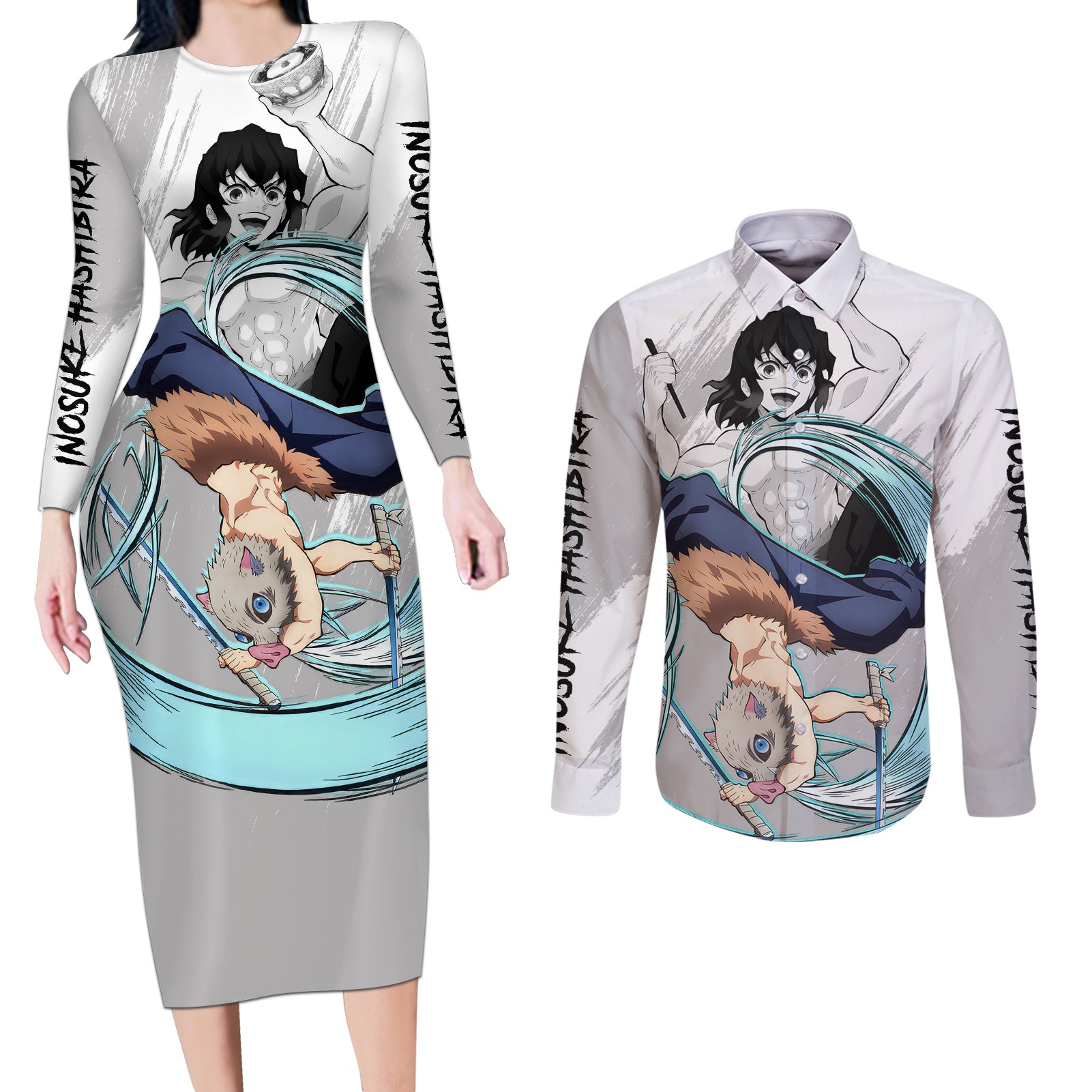 Inosuke Couples Matching Long Sleeve Bodycon Dress and Long Sleeve Button Shirt Demon Slayer