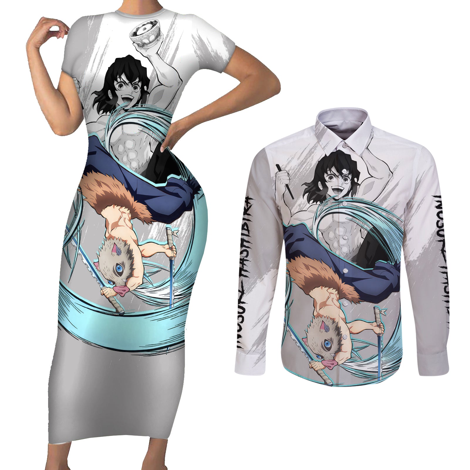 Inosuke Couples Matching Short Sleeve Bodycon Dress and Long Sleeve Button Shirt Demon Slayer