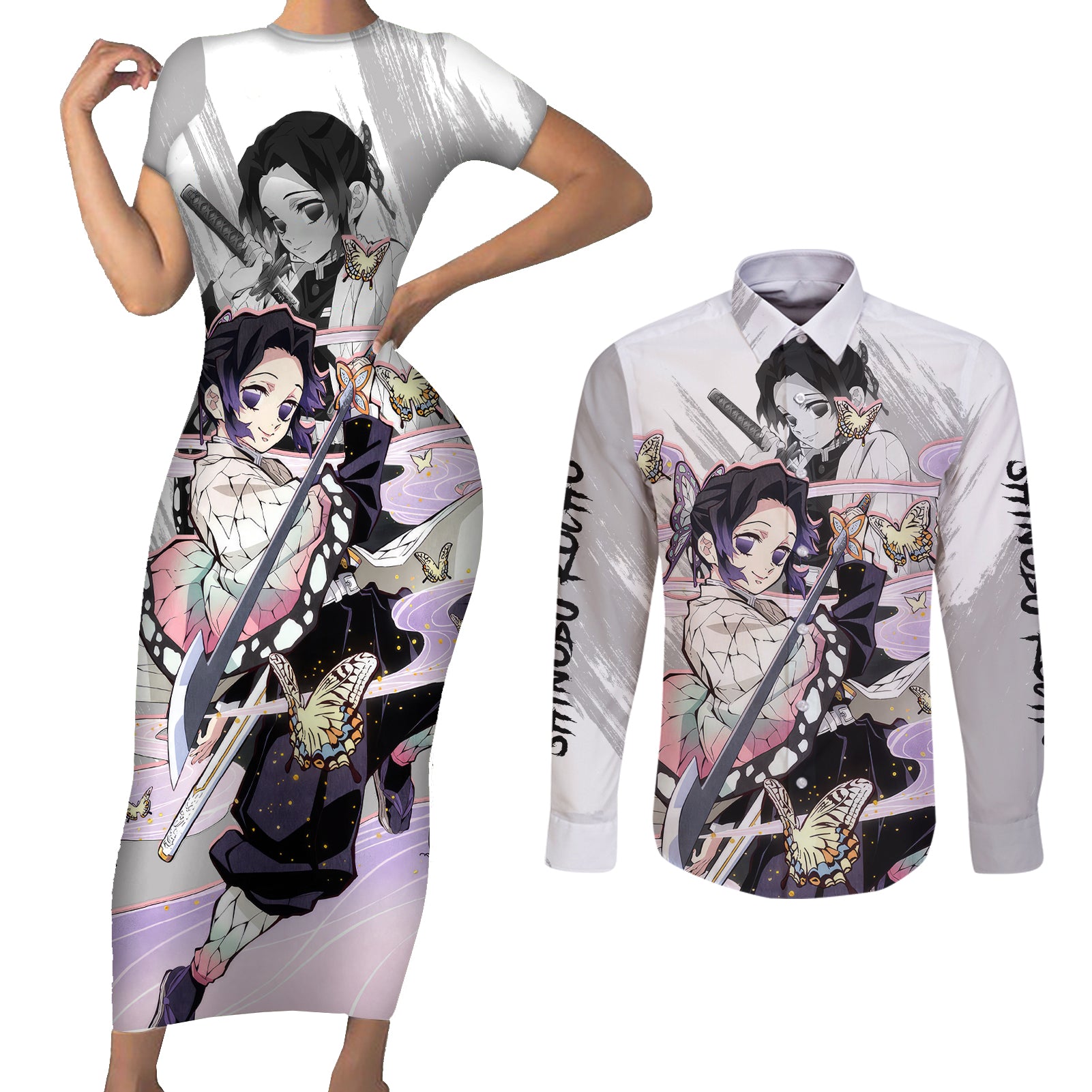 Shinobu Kocho Demon Slayer Couples Matching Short Sleeve Bodycon Dress and Long Sleeve Button Shirt Anime Style