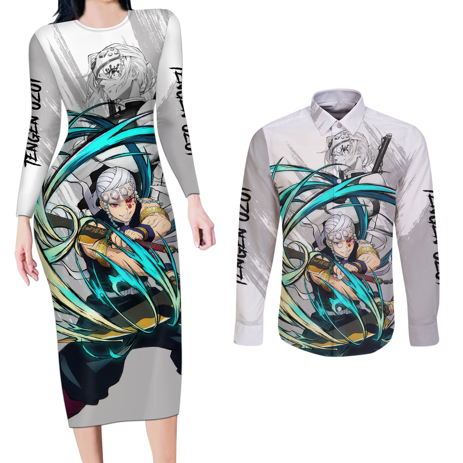 Tengen Uzui Couples Matching Long Sleeve Bodycon Dress and Long Sleeve Button Shirt Demon Slayer