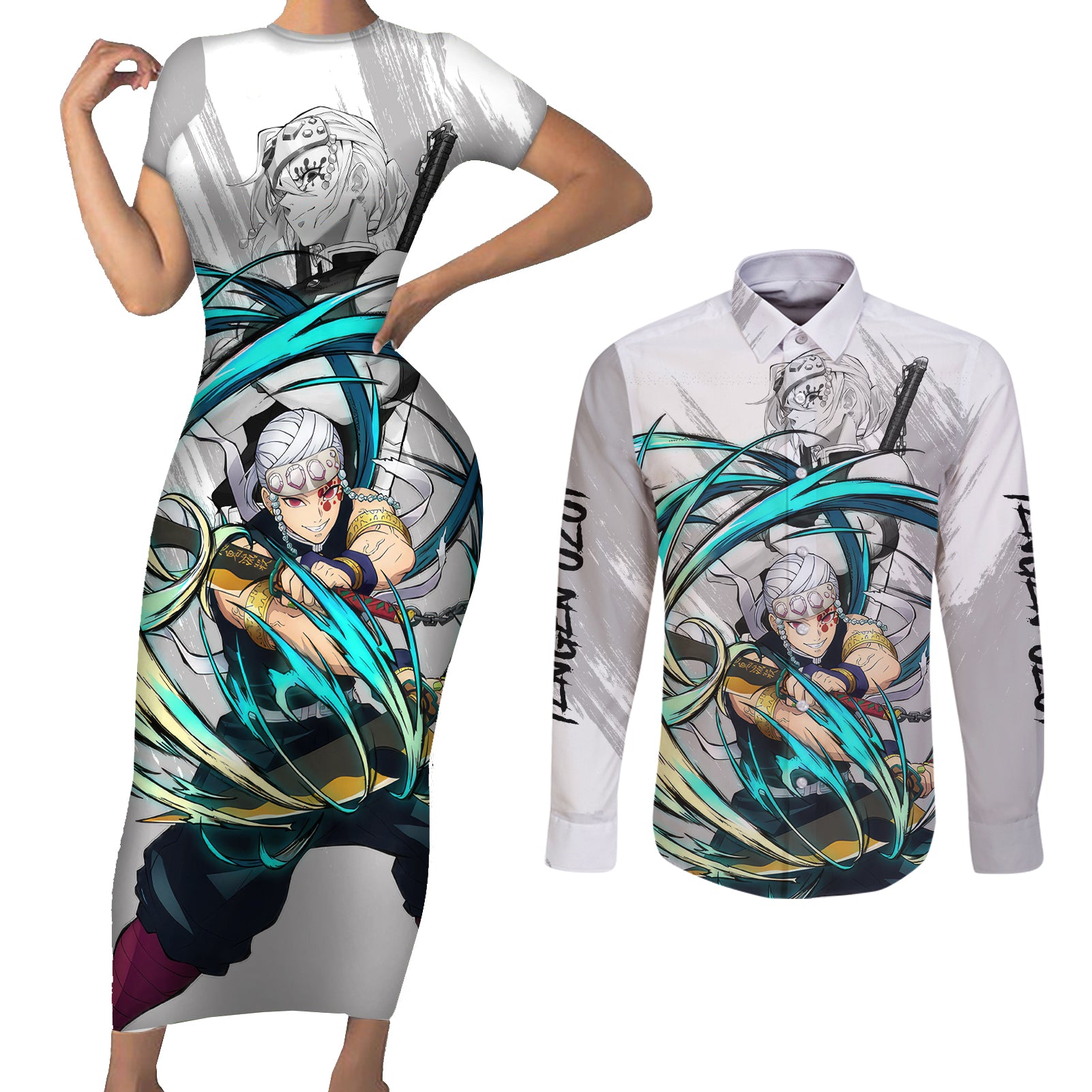 Tengen Uzui Couples Matching Short Sleeve Bodycon Dress and Long Sleeve Button Shirt Demon Slayer