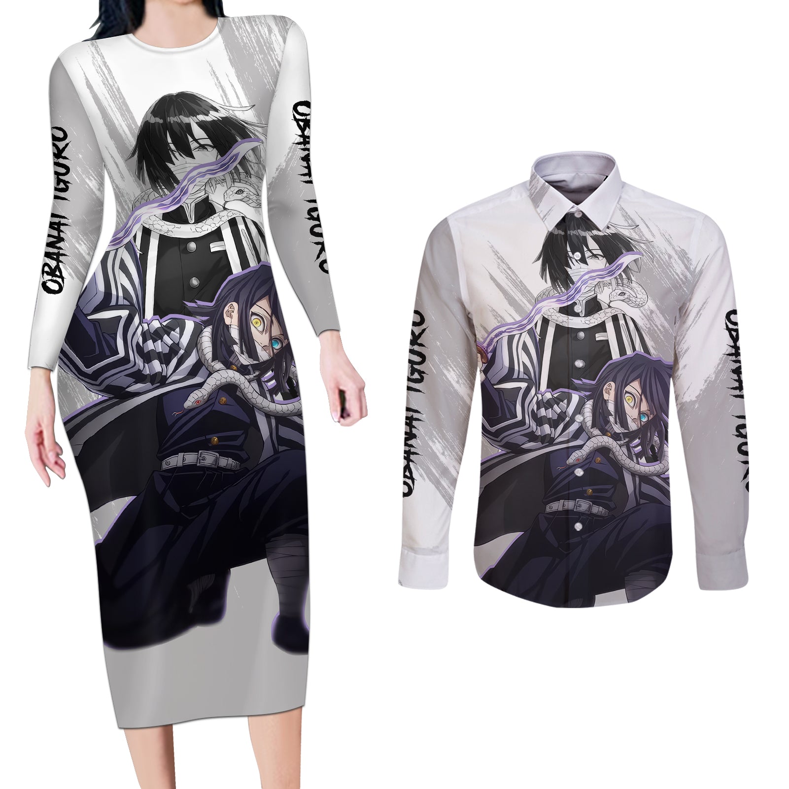 Obanai Iguro Couples Matching Long Sleeve Bodycon Dress and Long Sleeve Button Shirt Demon Slayer